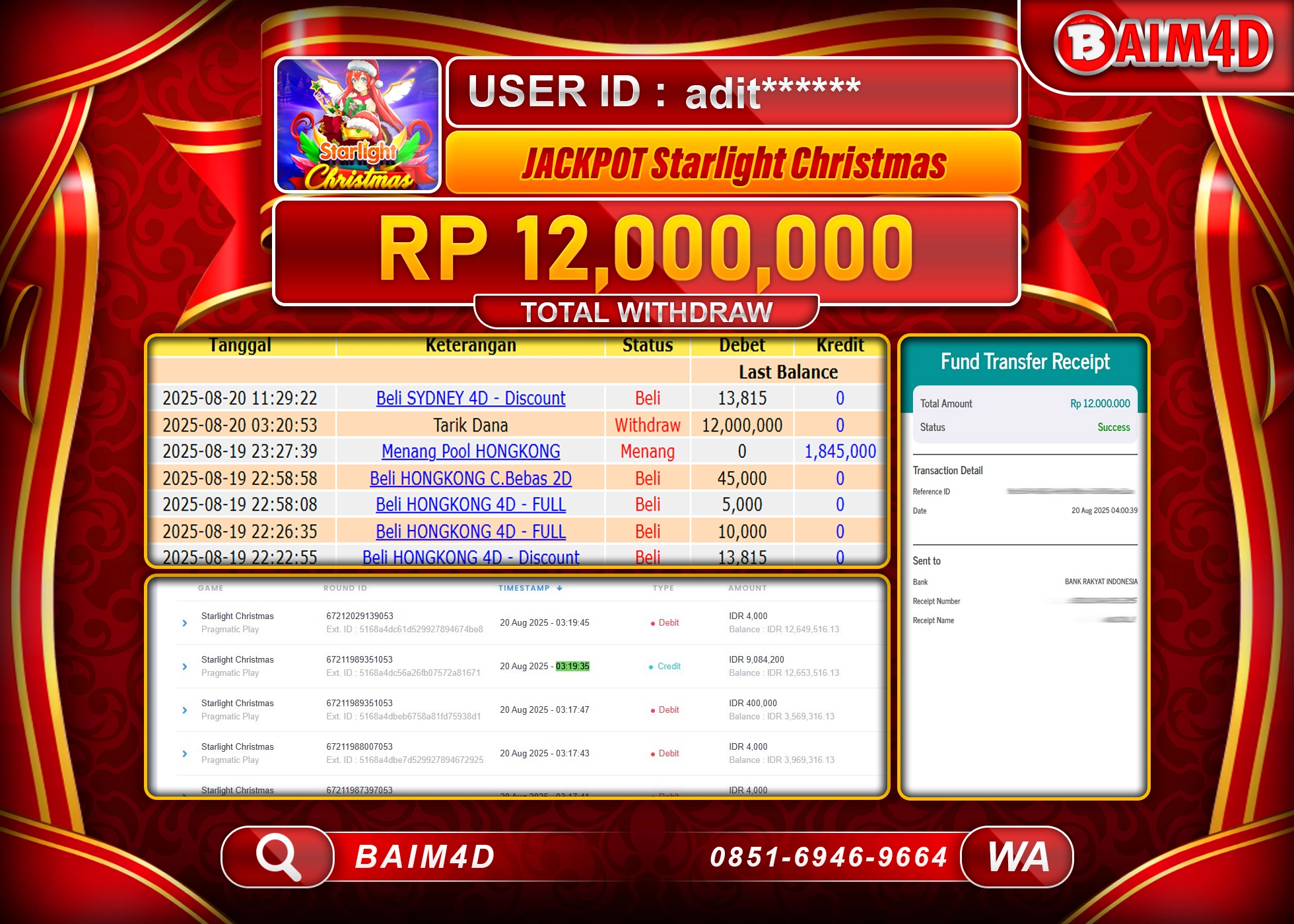 BAIM4D JACKPOT MENANG SLOT STARLIGHT CHRISTMAS Rp.12.000,000.- LUNAS