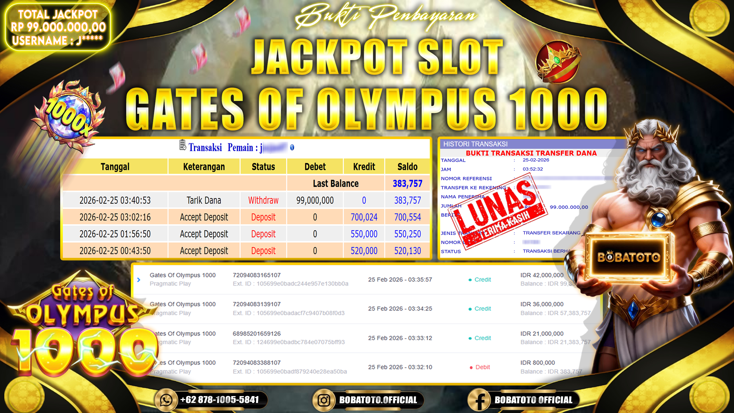 BOBATOTO JACKPOT SLOT PRAGMATIC GATES OF OLYMPUS 1000 Rp.99,000,000,- LUNAS!!
