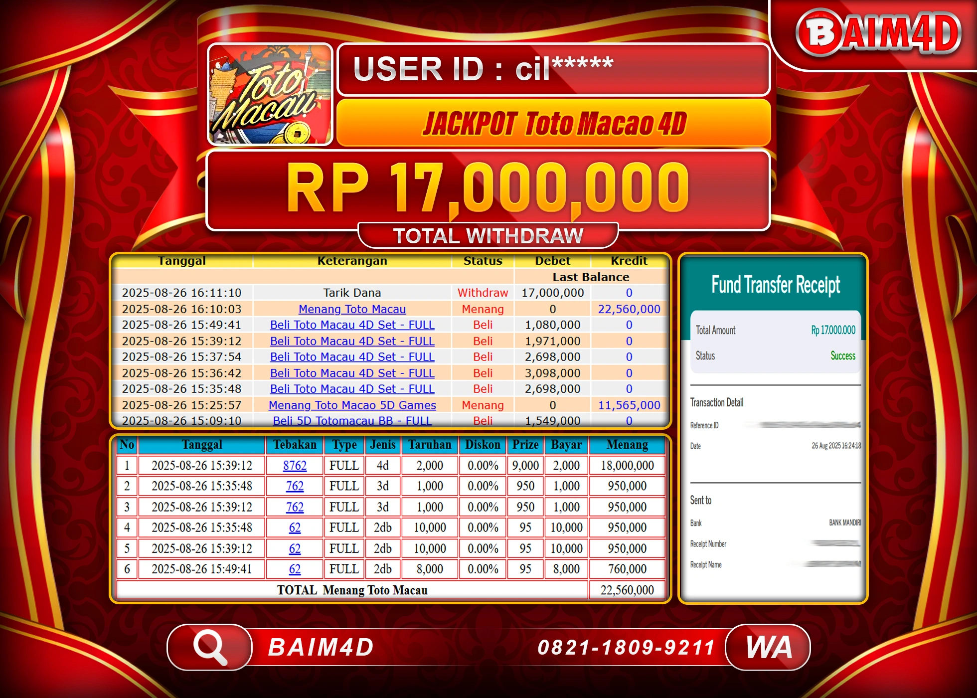 BAIM4D JACKTPOT TOGEL TOTO MACAU 4D Rp.17,000,000.- LUNAS