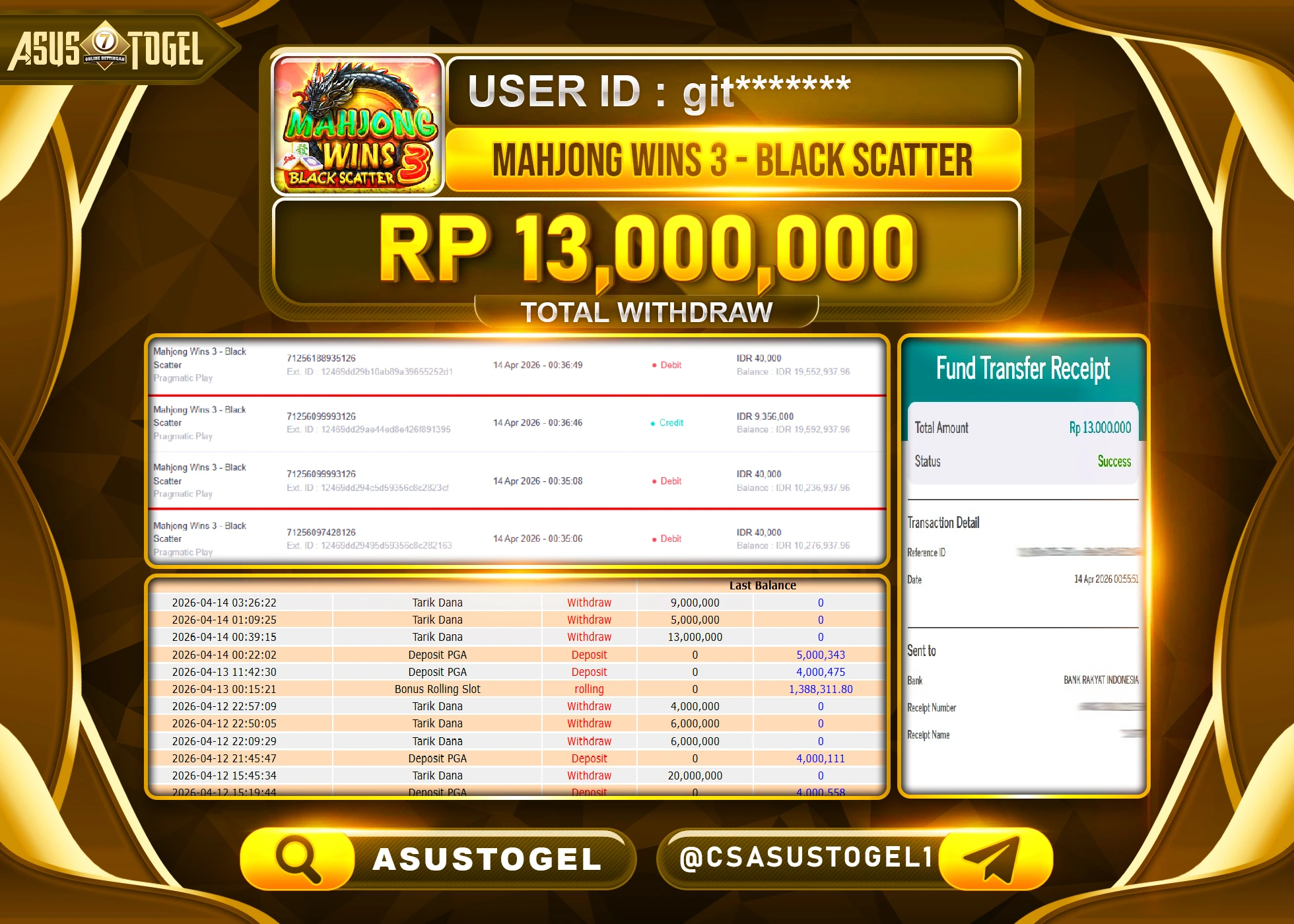ASUSTOGEL KEMENANGAN JACKPOT DI PERMAINAN SLOT MAHJONG WINS 3  SEBESAR Rp.13,000,000 - RUPIAH LUNAS