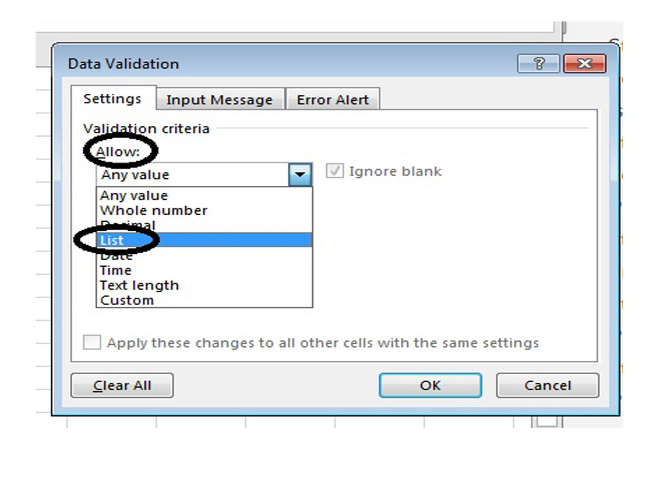 Screenshot of Data Validation Dialog box