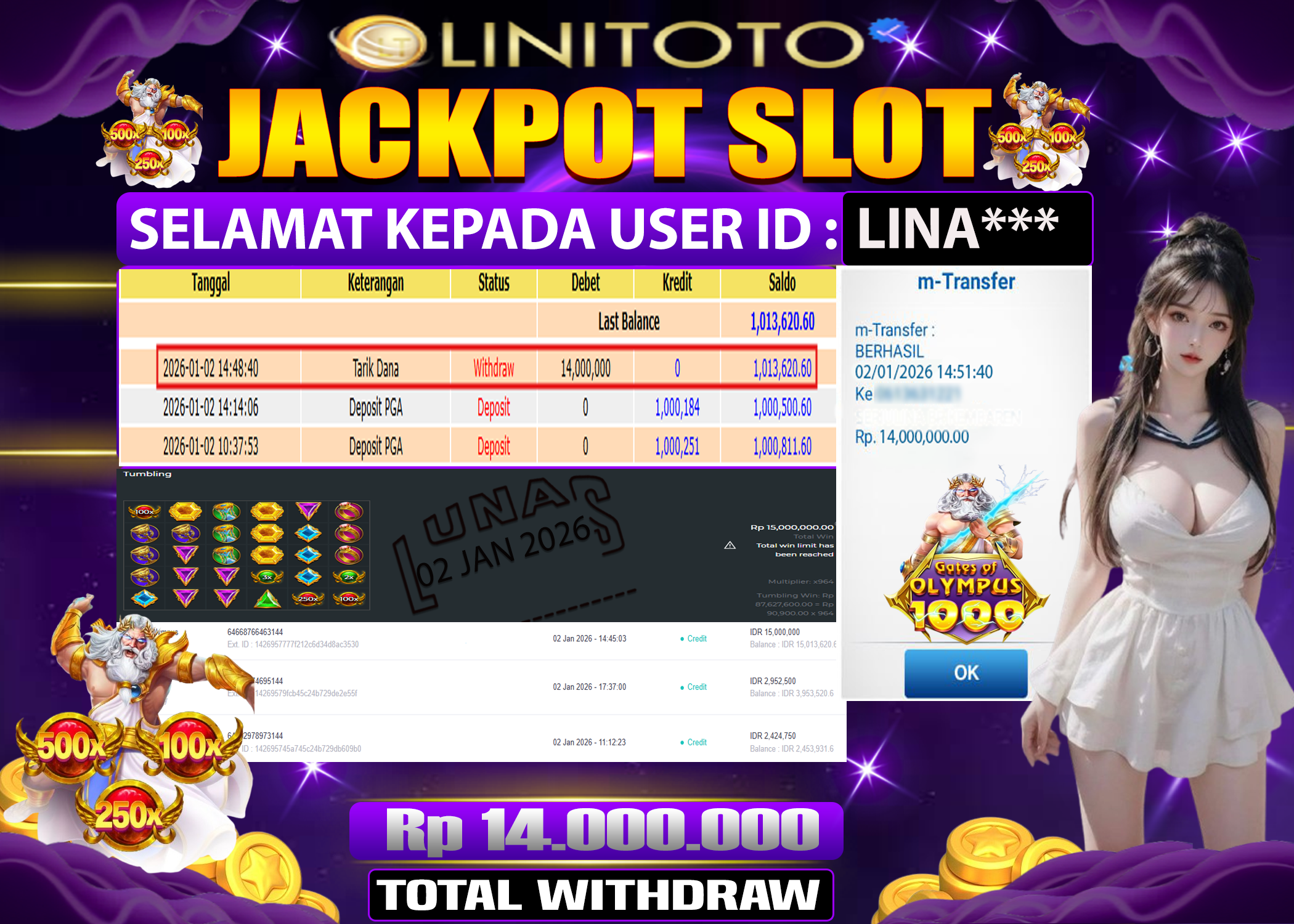 LINITOTO JACKPOT SLOT Gates Of Olympus Rp.14,000,000 - LUNAS