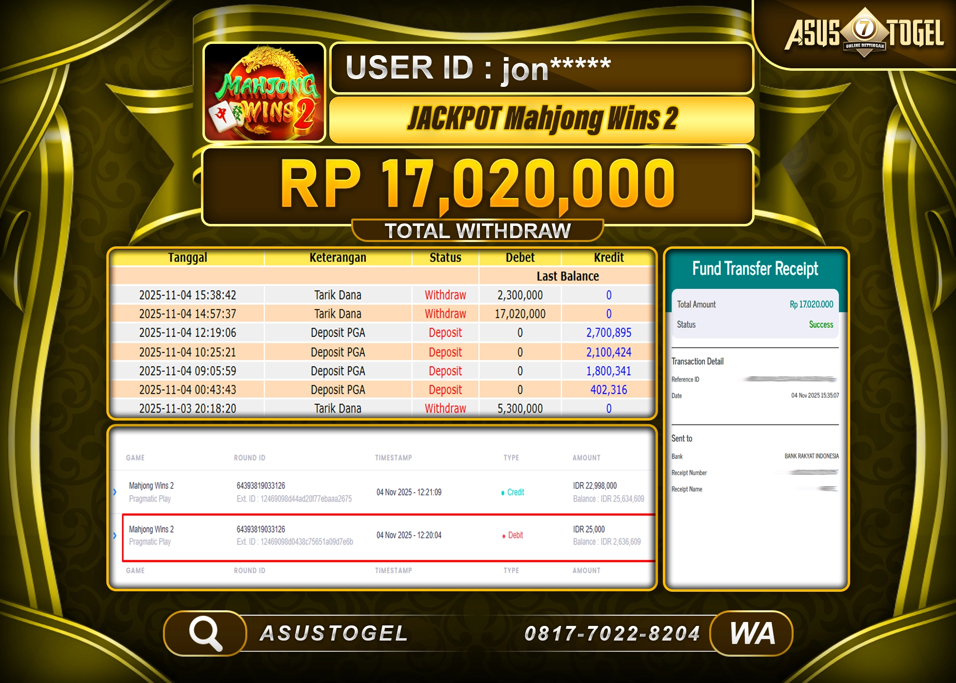 ASUSTOGEL KEMENANGAN DI SLOT MAHJONG WINS 2 SEBESAR 17,020,000 - RUPIAH LUNAS