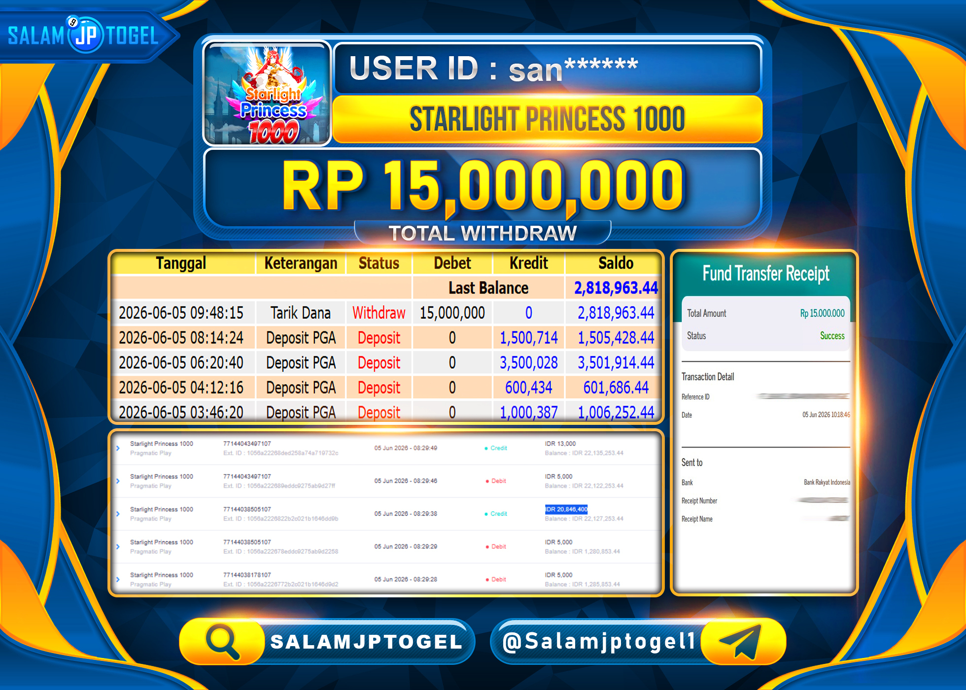 SALAMJPTOGEL JACKPOT MENANG Starlight Princess 1000 BO Rp.15,000,000 - LUNAS