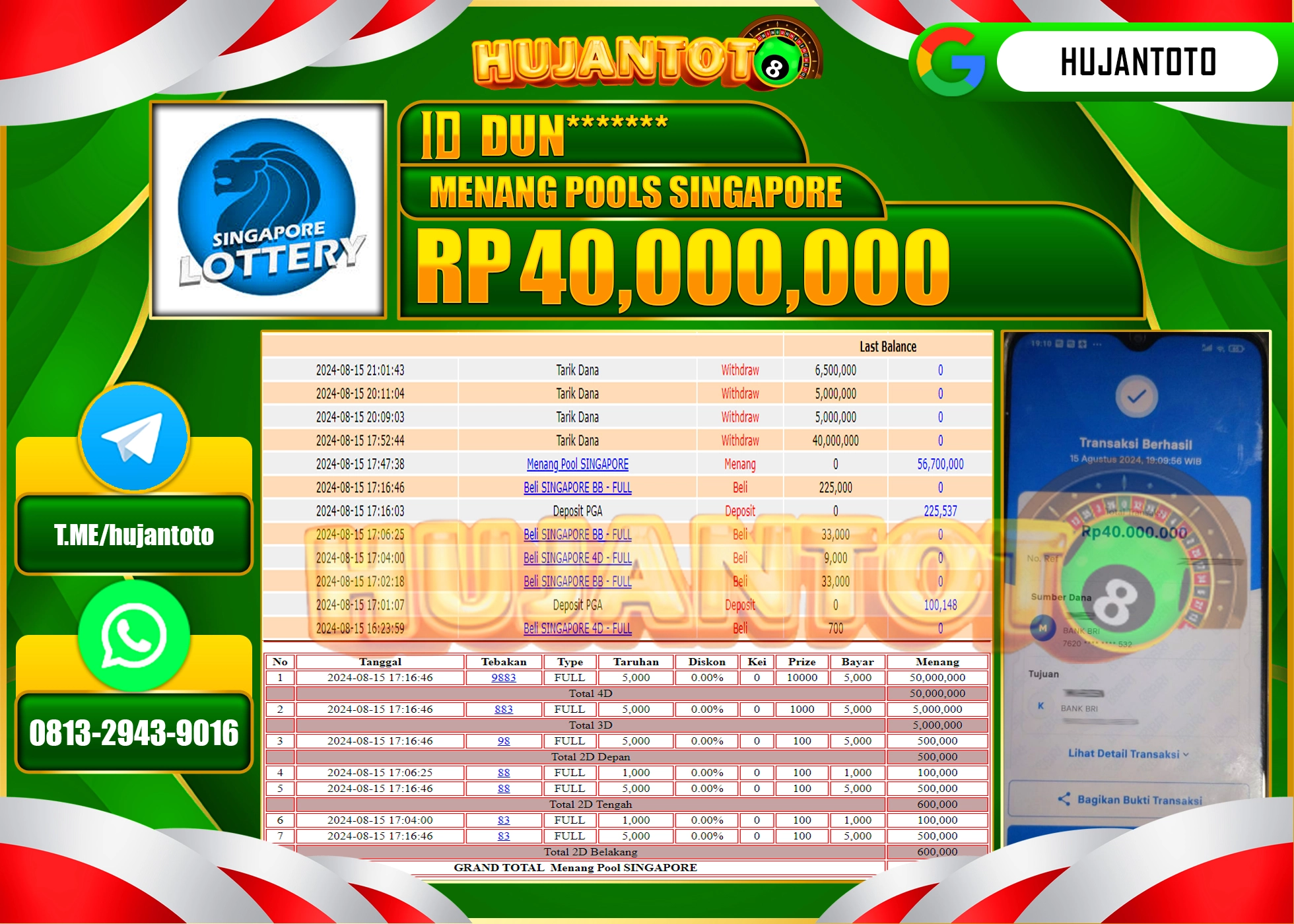 HUJANTOTO MENANG BESAR DI PERMAINAN TOGEL SINGAPORE POOLS  40.000.000  - LUNAS 