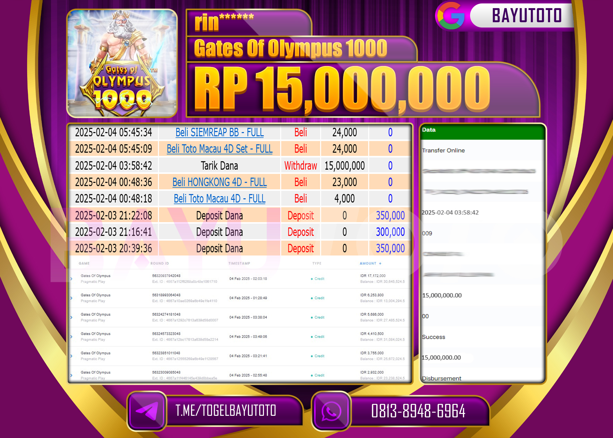 BAYUTOTO JACKPOT DI GAME  GATES OF OLYMPUS 1000  Rp.15.000.000 LUNAS