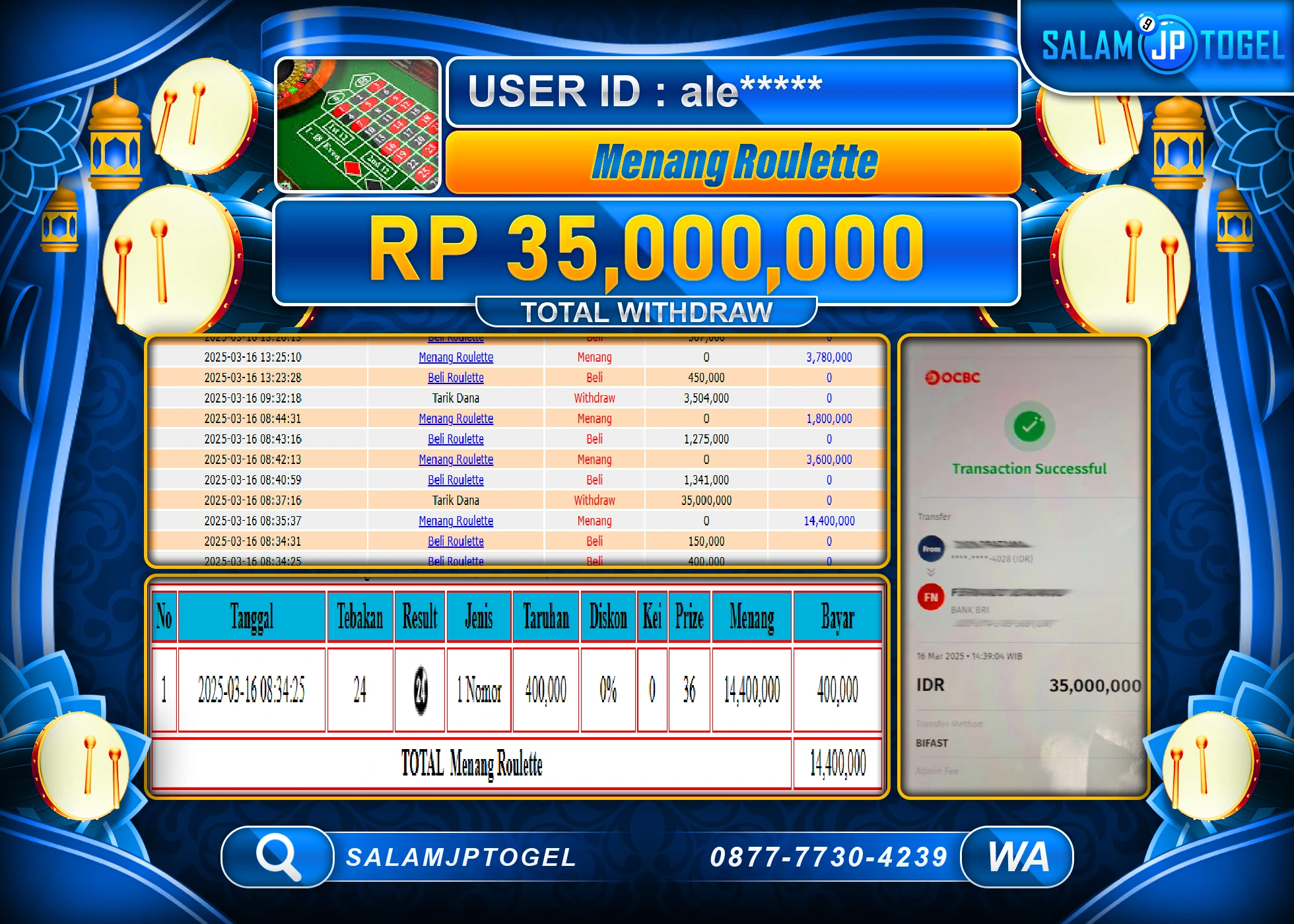 SALAMJPTOGEL MENANG ROULETTE Rp. 35,000,000 LUNAS