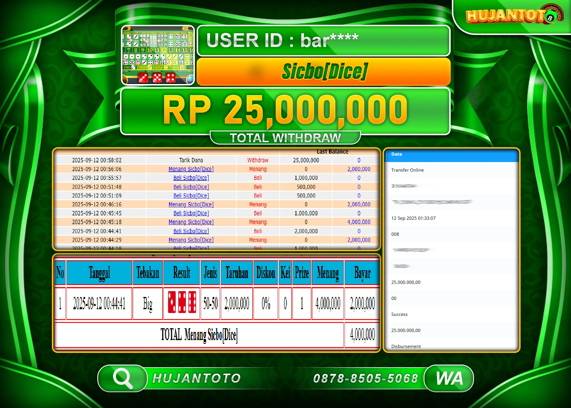 HUJANTOTO - BUKTI JACKPOT MENANG LIVE GAMES SICBO DICE Rp.25,000,000 - TERBAYAR LUNAS