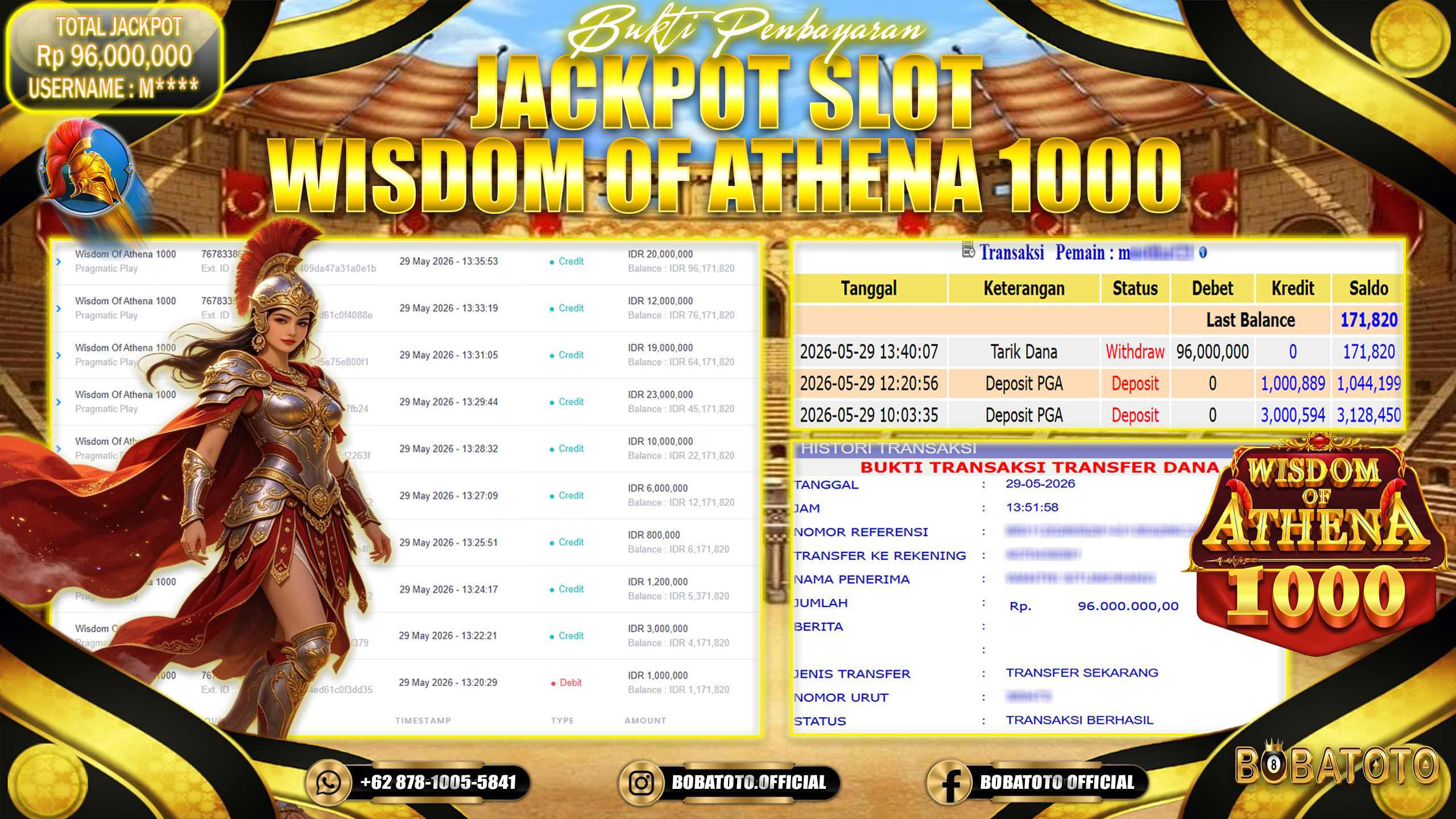 BOBATOTO JACKPOT SLOT PRAGMATIC PLAY Wisdom Of Athena 1000 Rp.96,000,000,- LUNAS!!! 