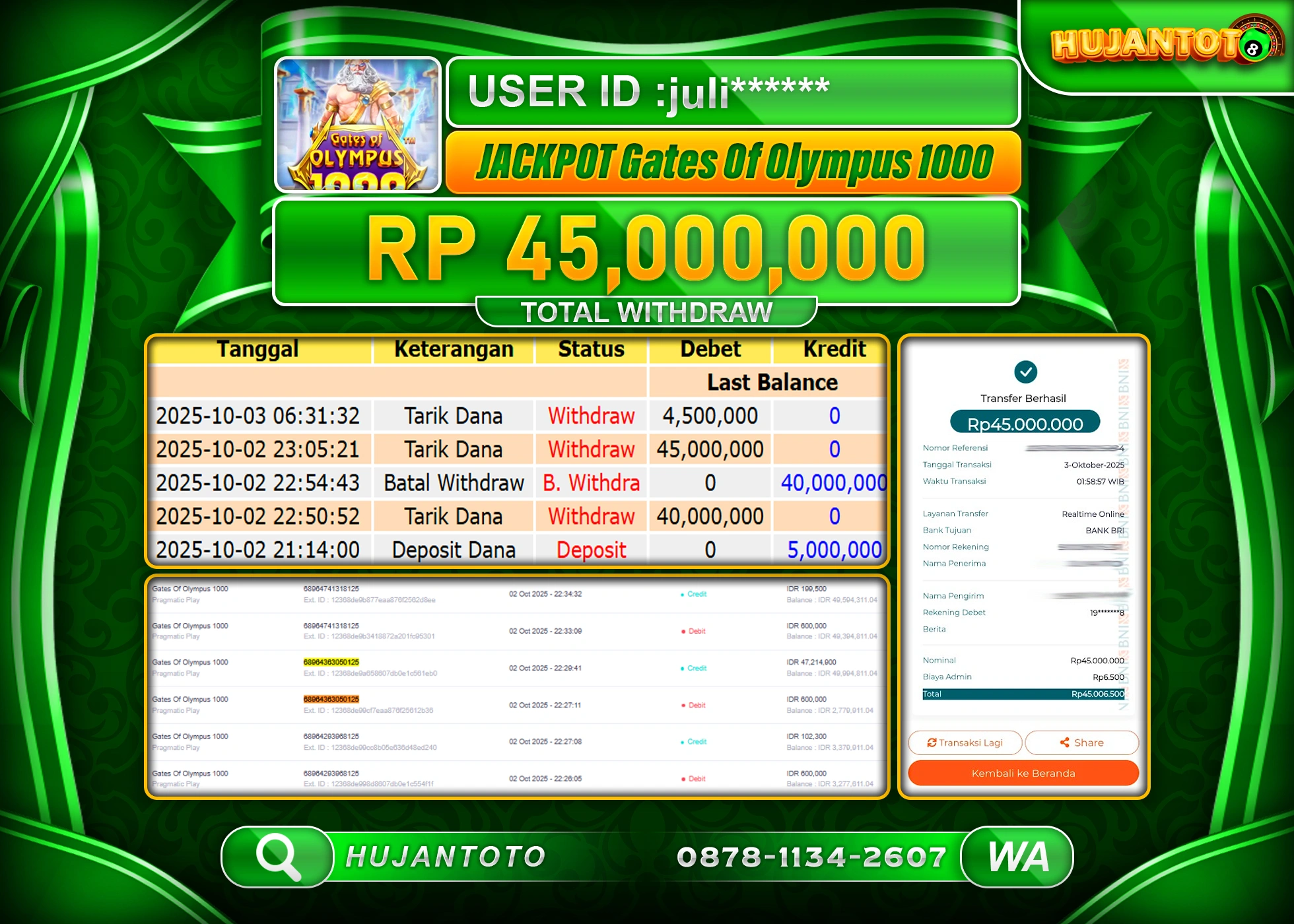 HUJANTOTO - BUKTI JACKPOT MENANG SLOT GATES OF OLYMPUS 1000 Rp.45,000,000 - TERBAYAR LUNAS