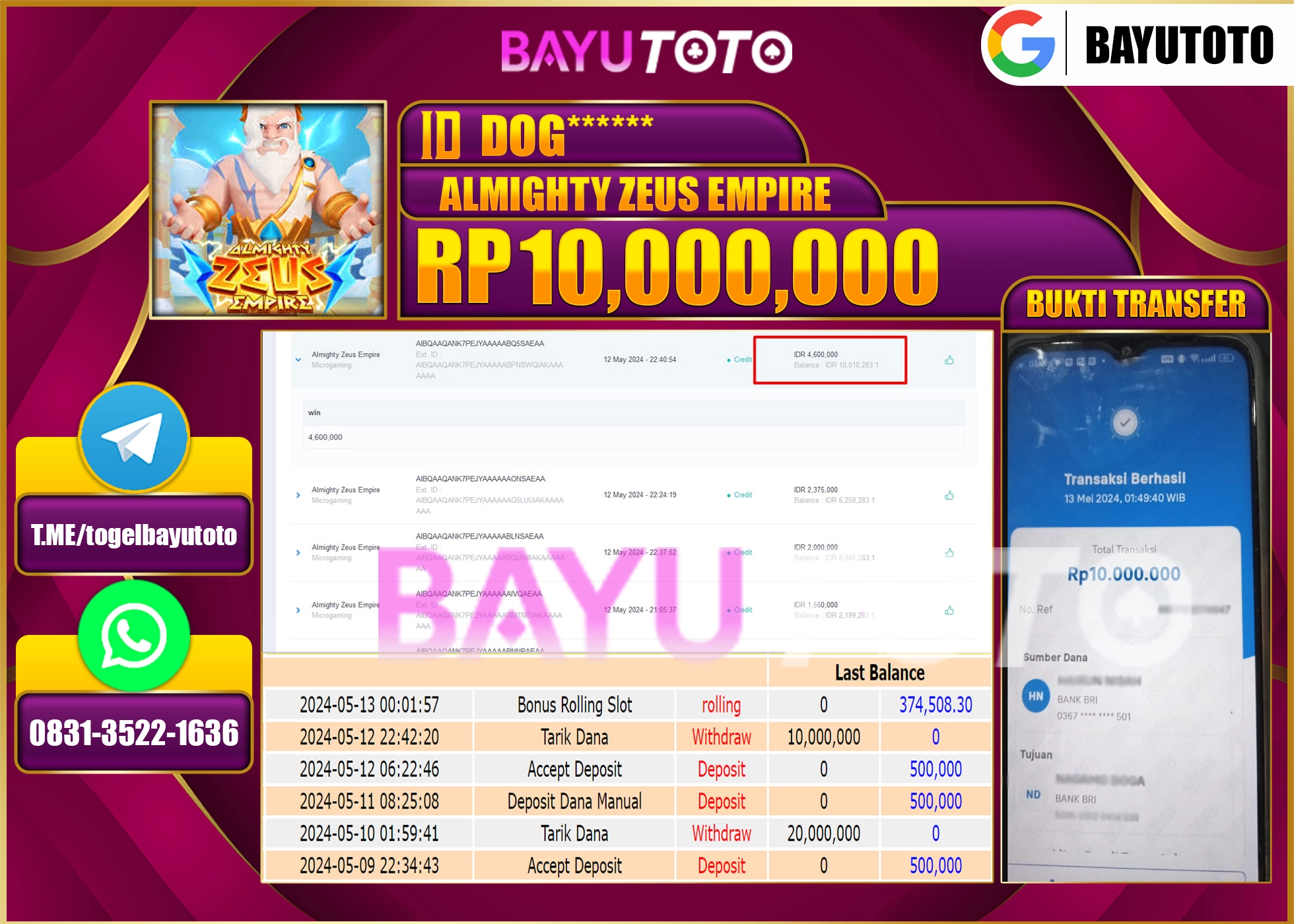 BAYUTOTO JACKPOT SLOT GAMES ALMIGHTY ZEUS EMPIRE Rp.10.000.000 LUNAS