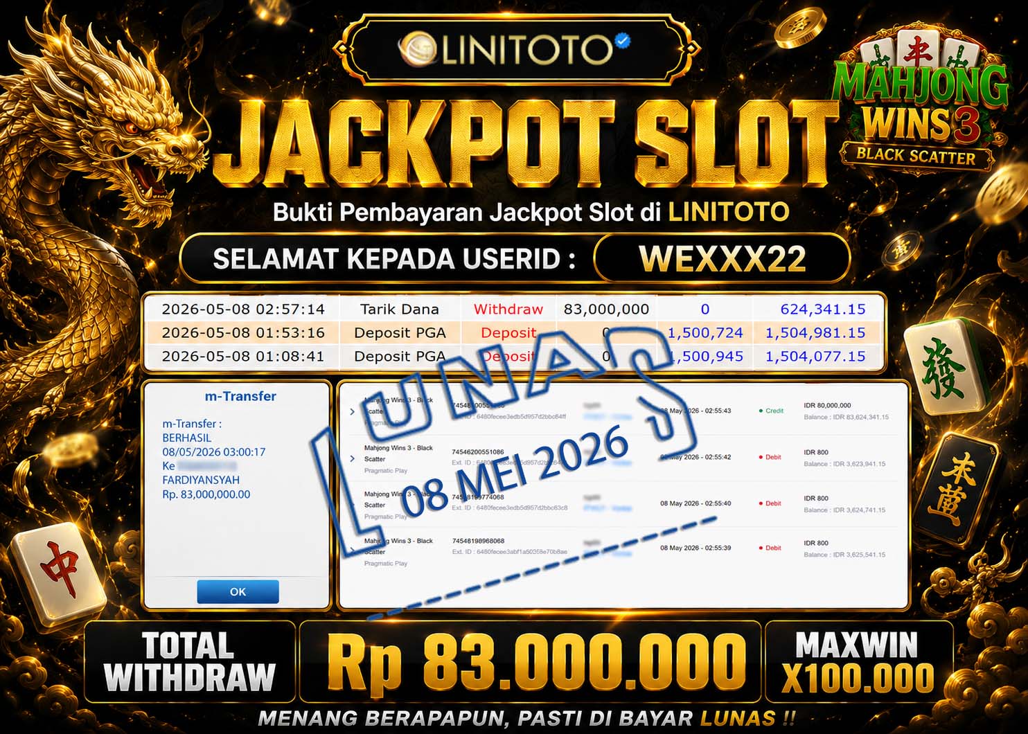 LINITOTO JACKPOT SLOT Mahjong Wins 3 - Black Scatter Rp.83,000,000 - LUNAS