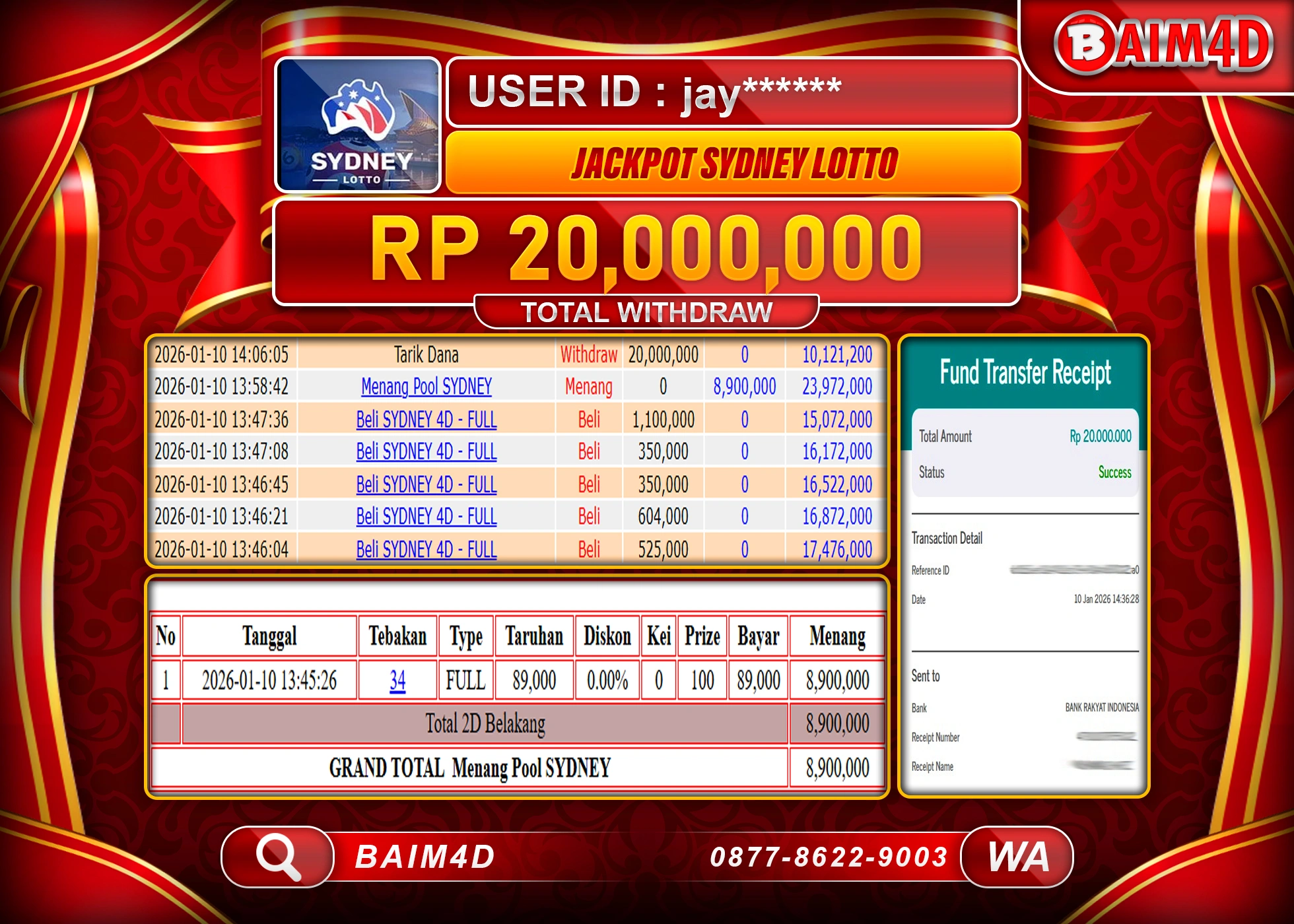 BAIM4D JACKPOT TOGEL SYDNEY LOTTO Rp.20,000,000 - LUNAS