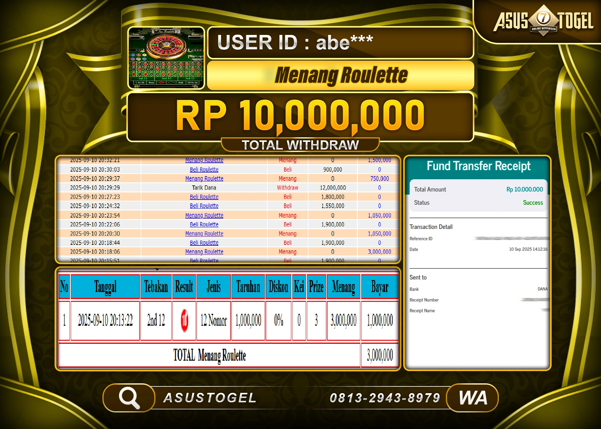 ASUSTOGEL KEMENANGAN DI LIVE GAMES ROULETTE SEBESAR 10,000,000- RUPIAH LUNAS 
