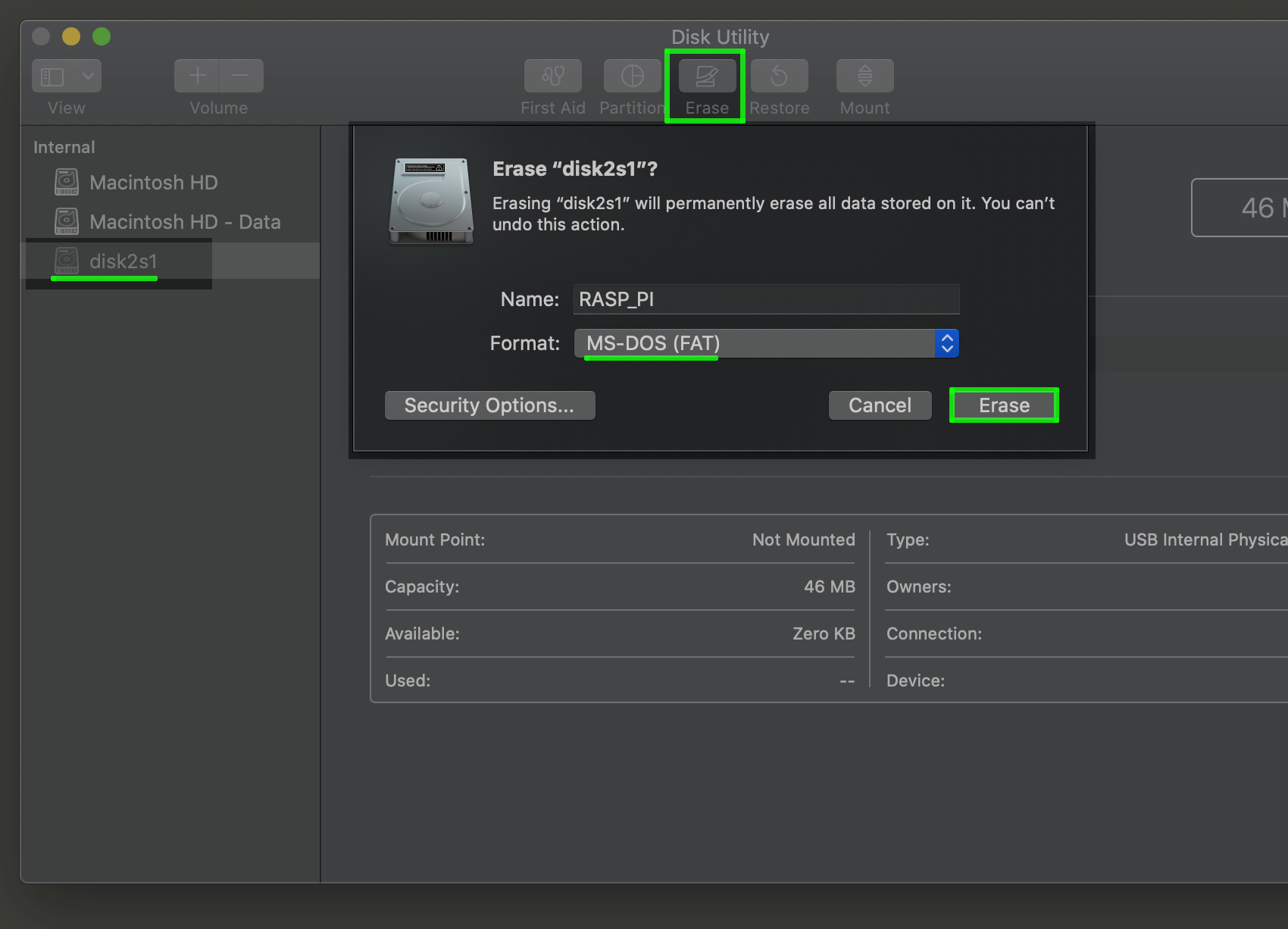 Screenshot of Disk Utility app in macOS for the PostgreSQL Raspberry Pi server