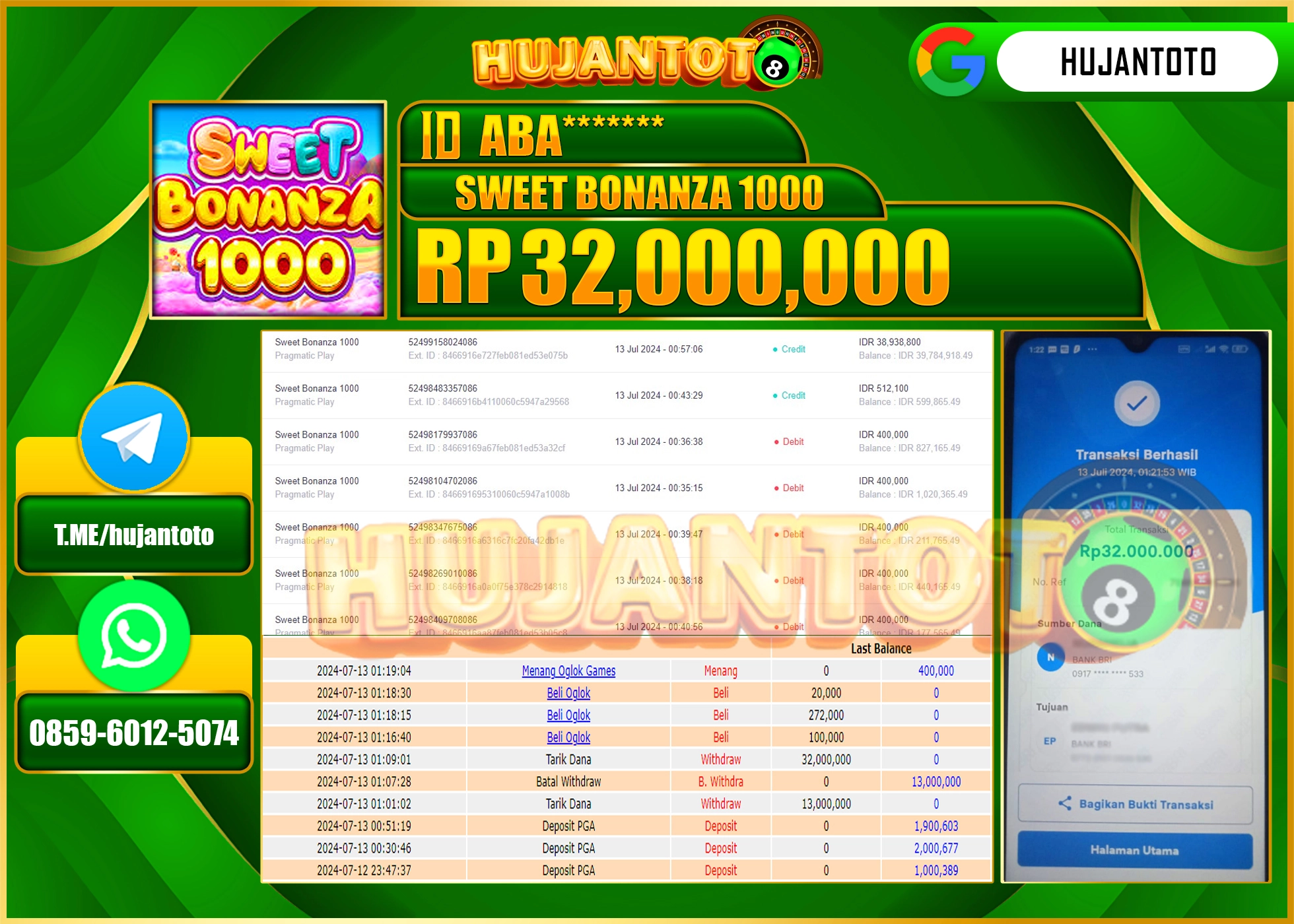 HUJANTOTO MENANG SLOT SWEET BONANZA 1000 (Pragmatic Play)  32.000.000 - LUNAS 
