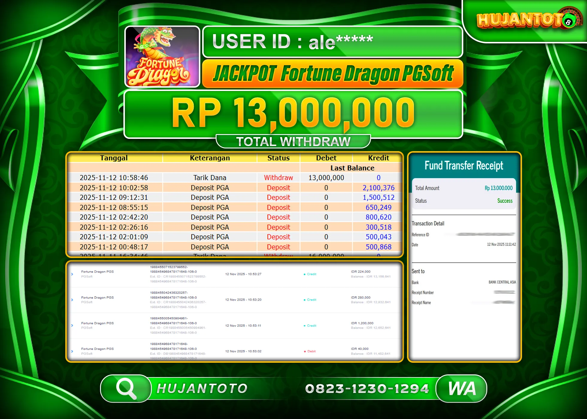 HUJANTOTO - BUKTI JACKPOT MENANG SLOT FORTUNE DRAGON PG SOFT Rp.13,000,000 - TERBAYAR LUNAS