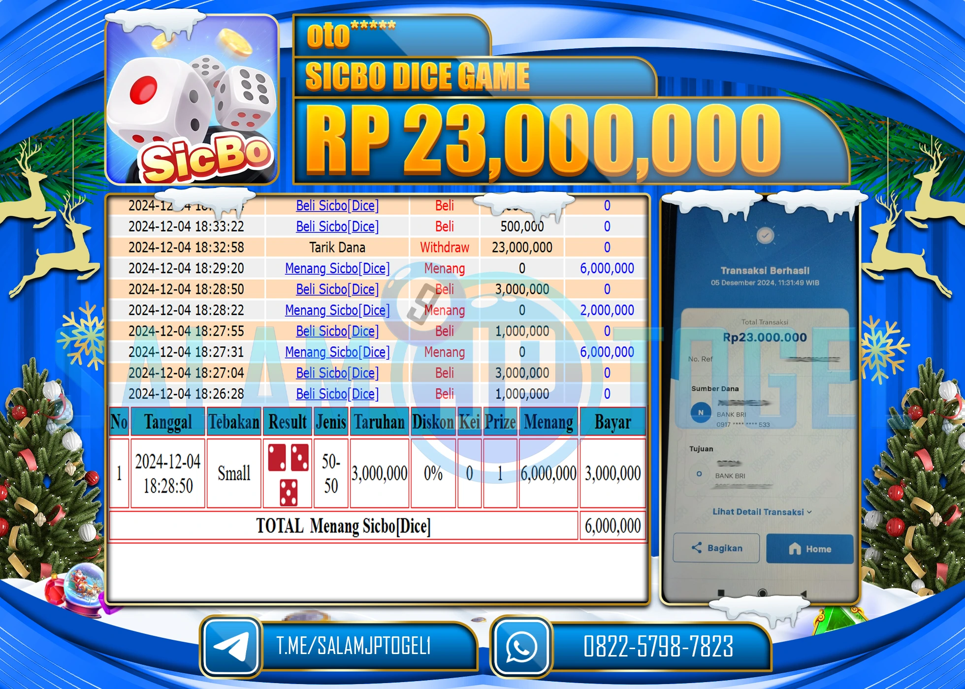 SALAMJPTOGEL MENANG LIVEGAME SICBO DICE  RP. 23.000,000 LUNAS