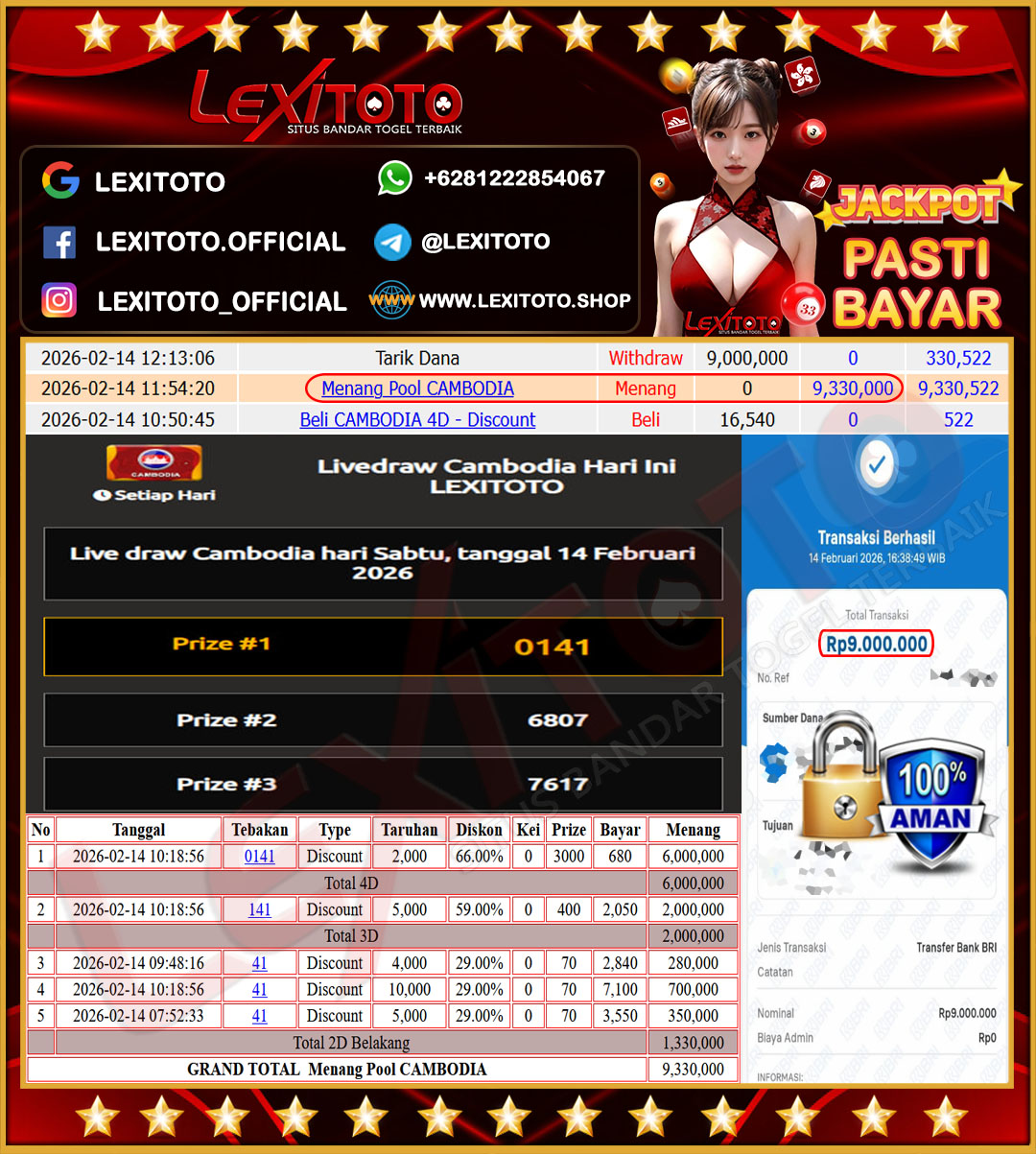 LEXITOTO JACKPOT TOGEL CAMBODIA POOLS Rp.9.330.000 ,- LUNAS