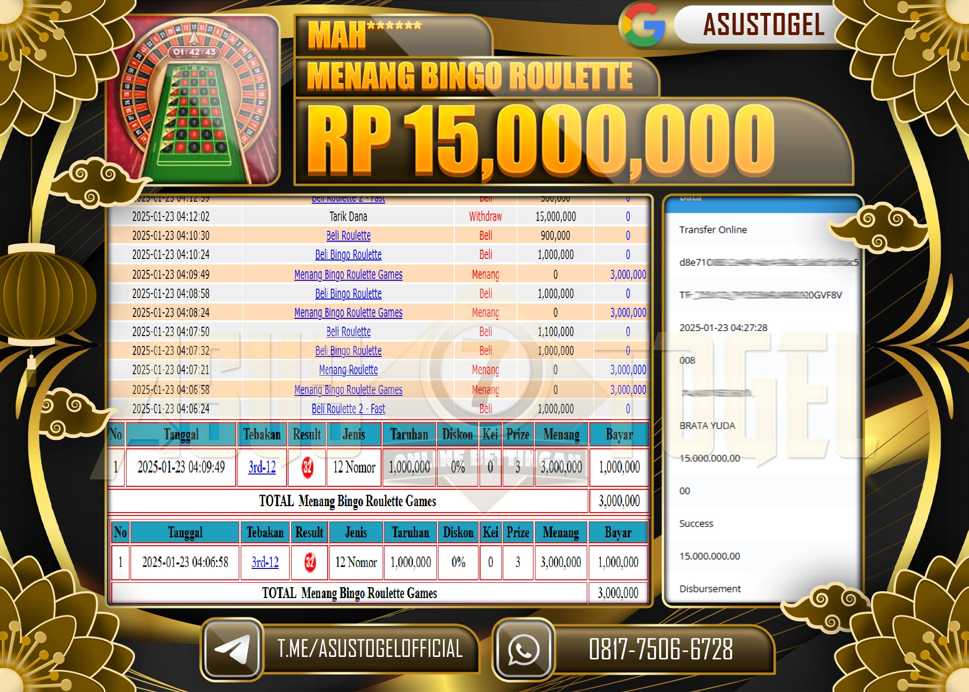 ASUSTOGEL KEMENANGAN DI BINGO ROULETTE SEBESAR 15.000.000 - RUPIAH LUNAS
