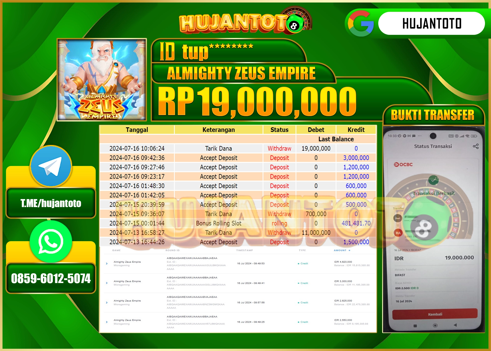 HUJANTOTO MENANG SLOT ALMIGHTY ZEUS EMPIRE  19.000.000 - LUNAS 