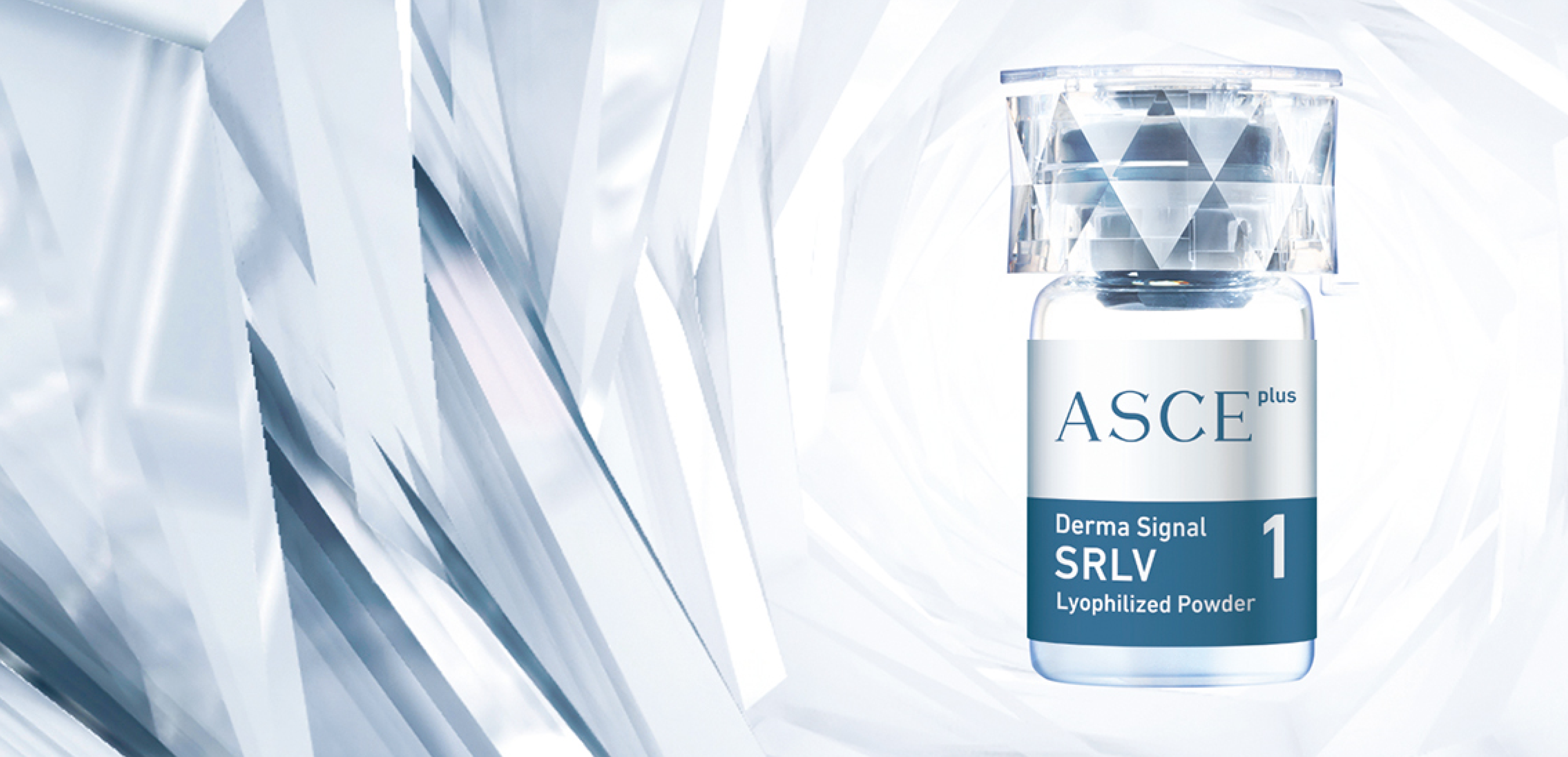 Clear glass bottle labeled 'ASCE Plus Derma Signal SRLV 1 Lyophilized Powder.'