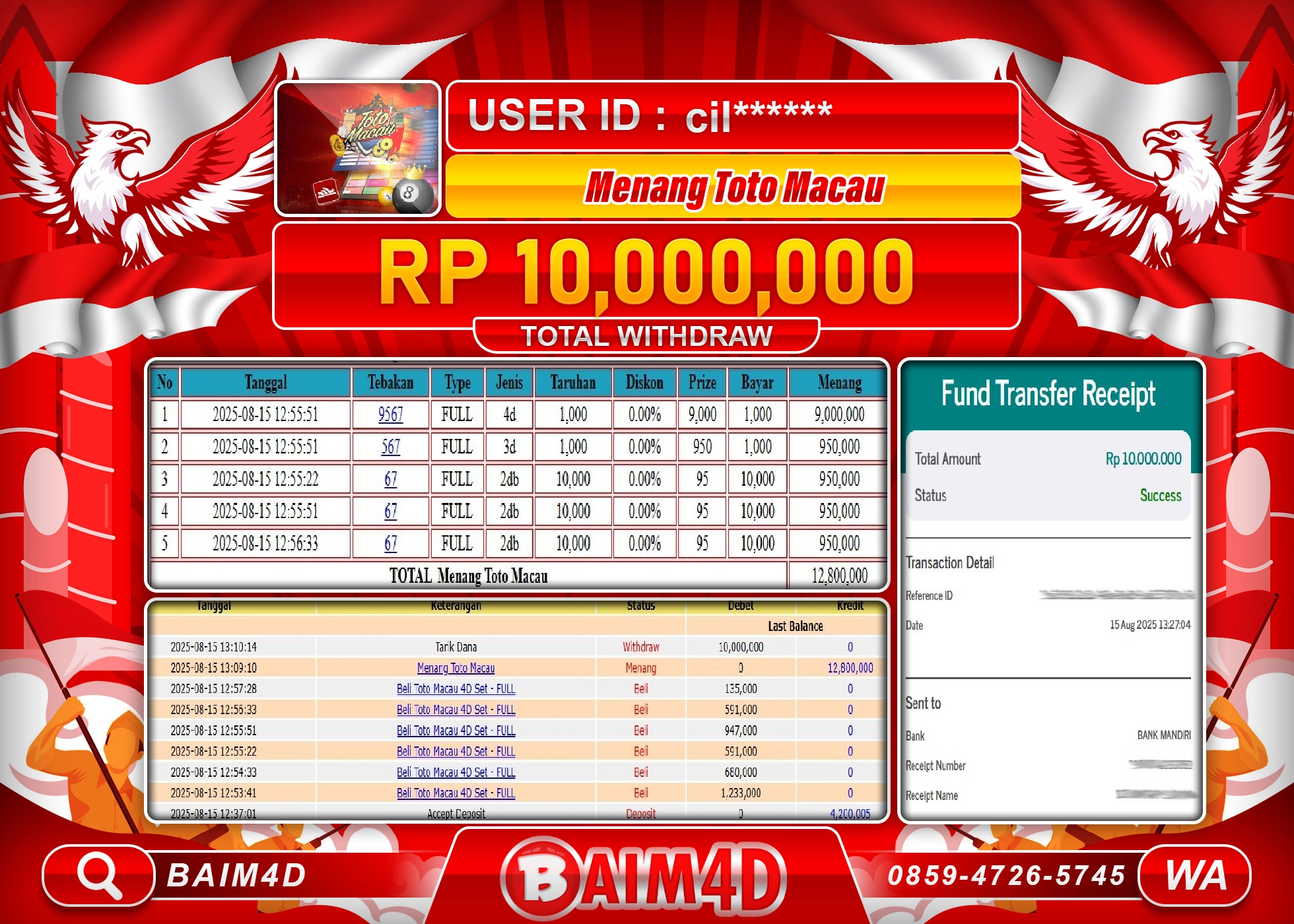 BAIM4D JACKPOT TOTO MACAU 4D  Rp.10,000,000.- LUNAS