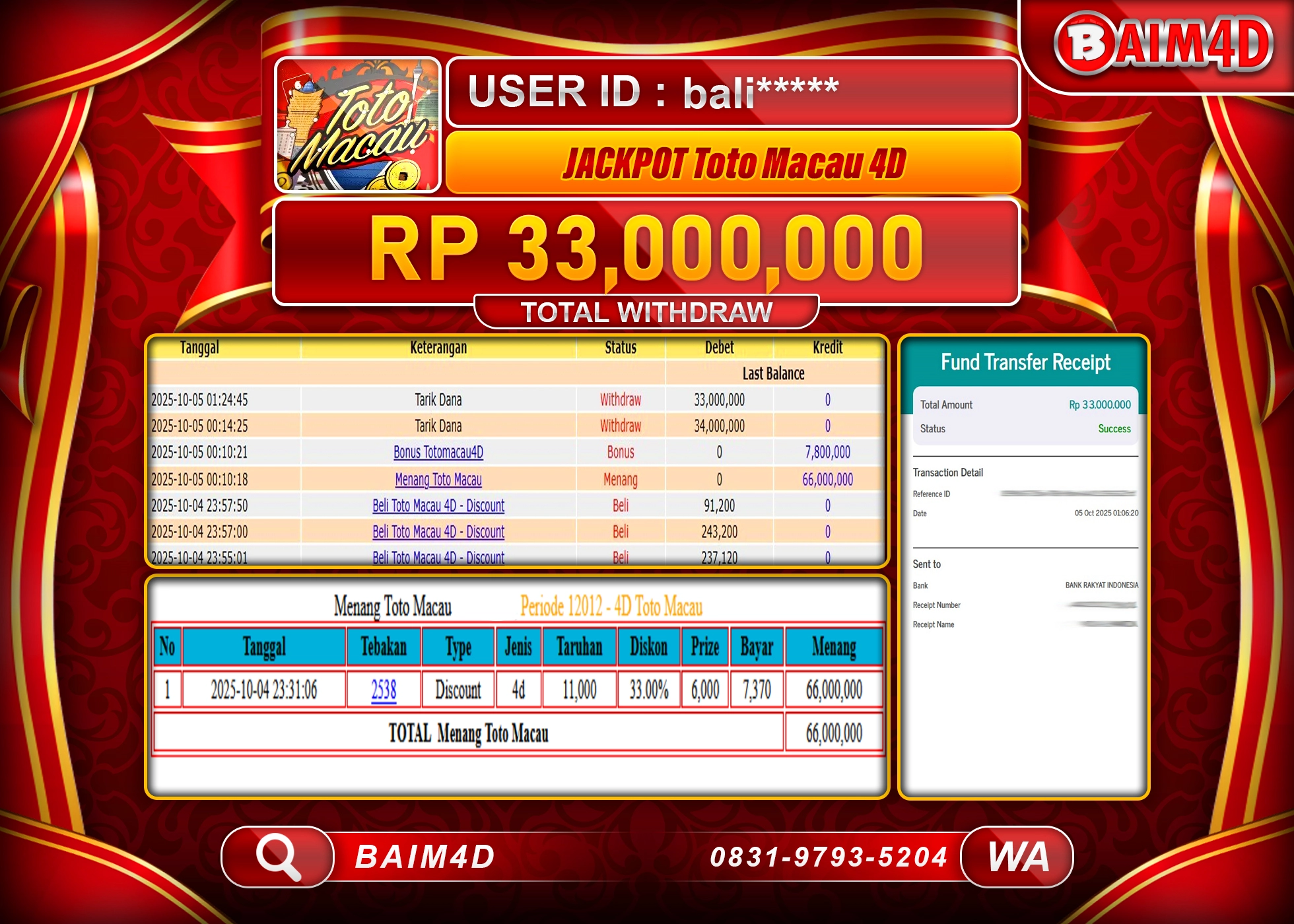 BAIM4D JACKPOT TOGEL TOTO MACAU 4D GAMES Rp.33,000,000.- LUNAS