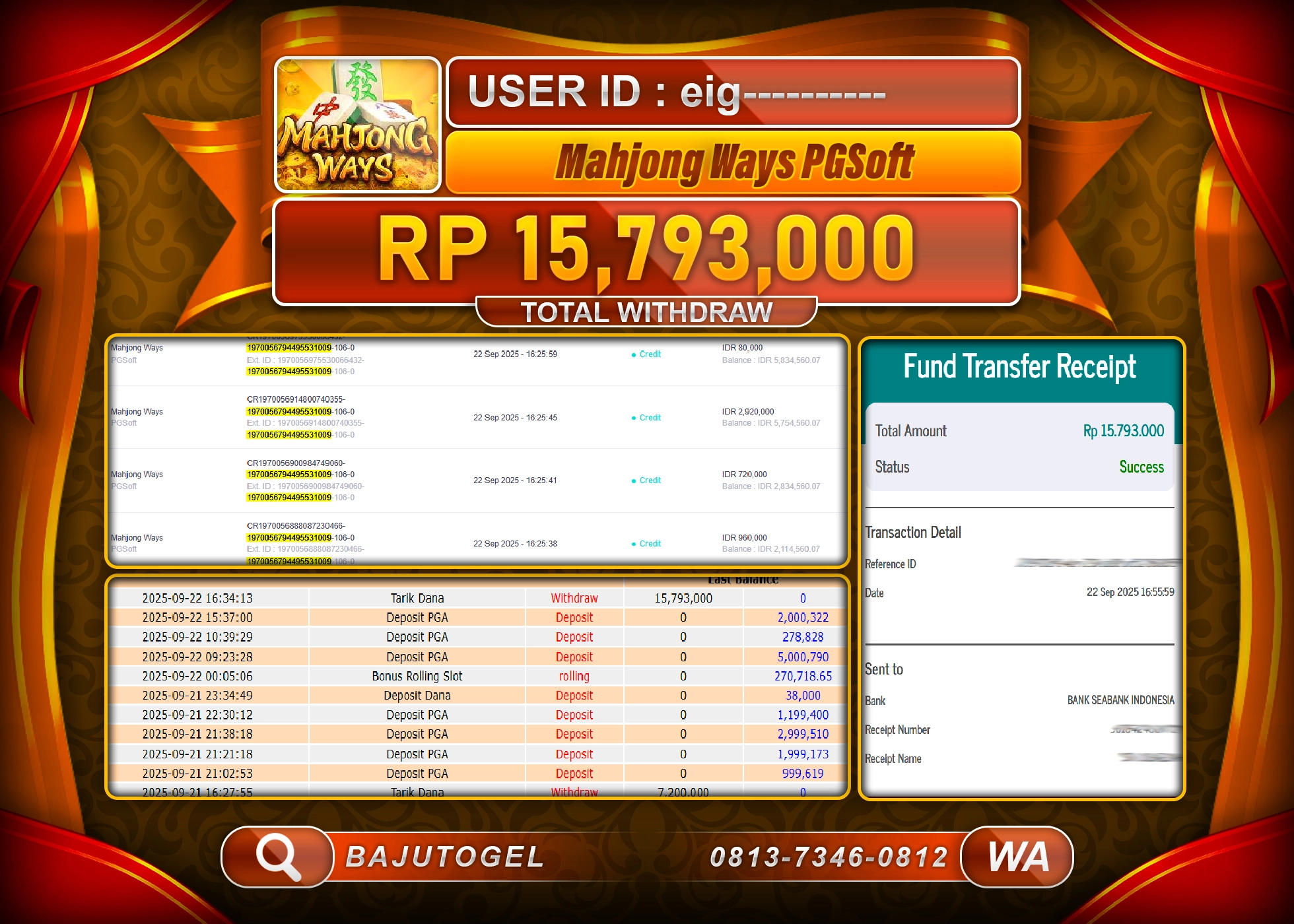 BAJUTOGEL KEMENANGAN DI PG SOFT MAHJONG WAYS Rp.15.793.000 LUNAS