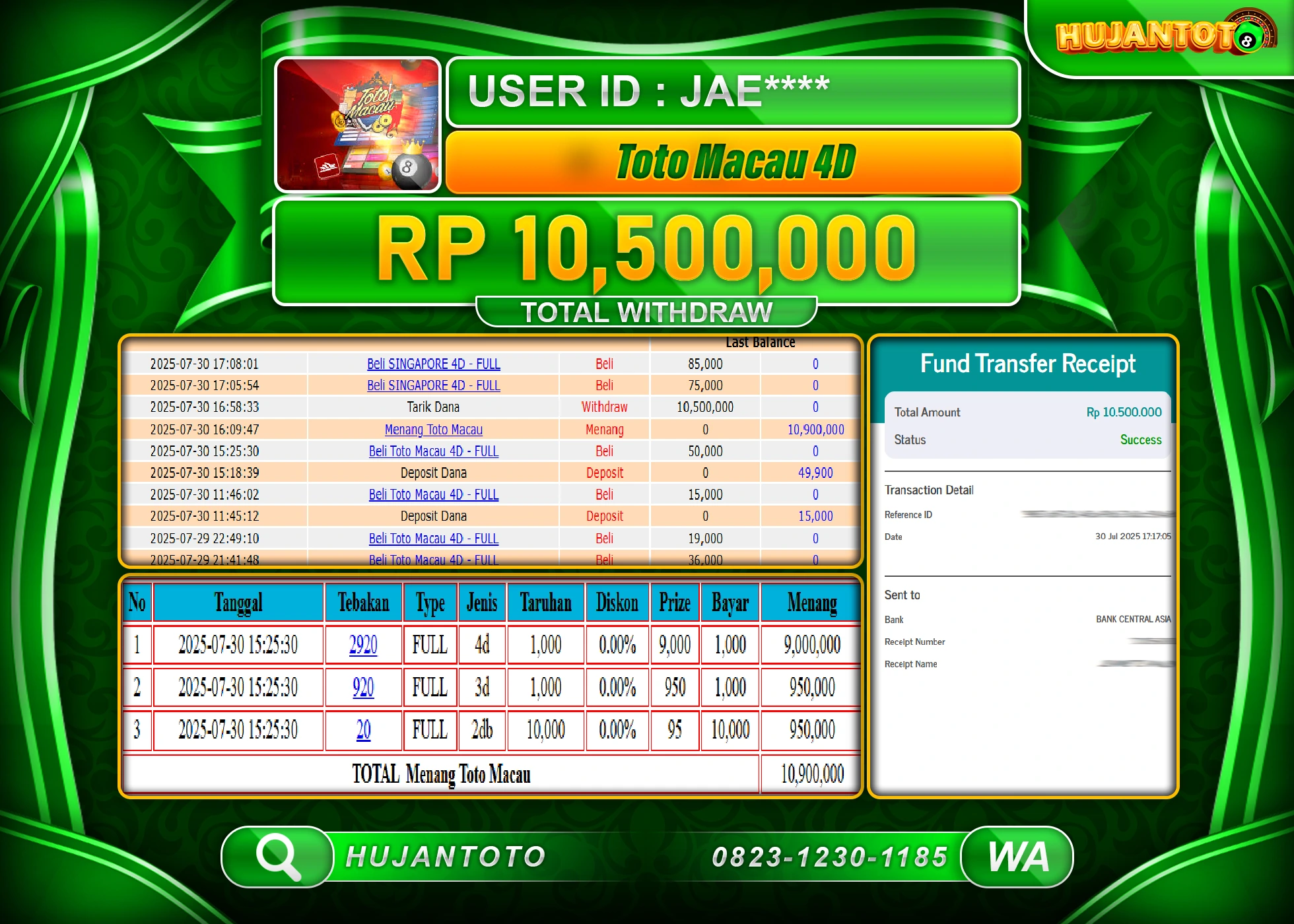 HUJANTOTO - BUKTI JACKPOT MENANG TOGEL TOTO MACAU 4D Rp.10,500,000 - TERBAYAR LUNAS