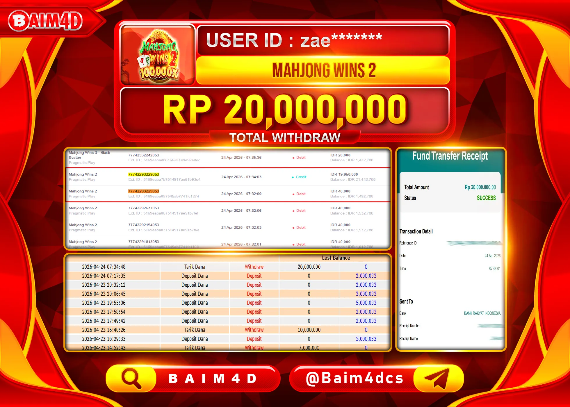 BAIM4D JACKPOT  SLOT MAHJONG WINS 2 Rp.20,000,000 - LUNAS