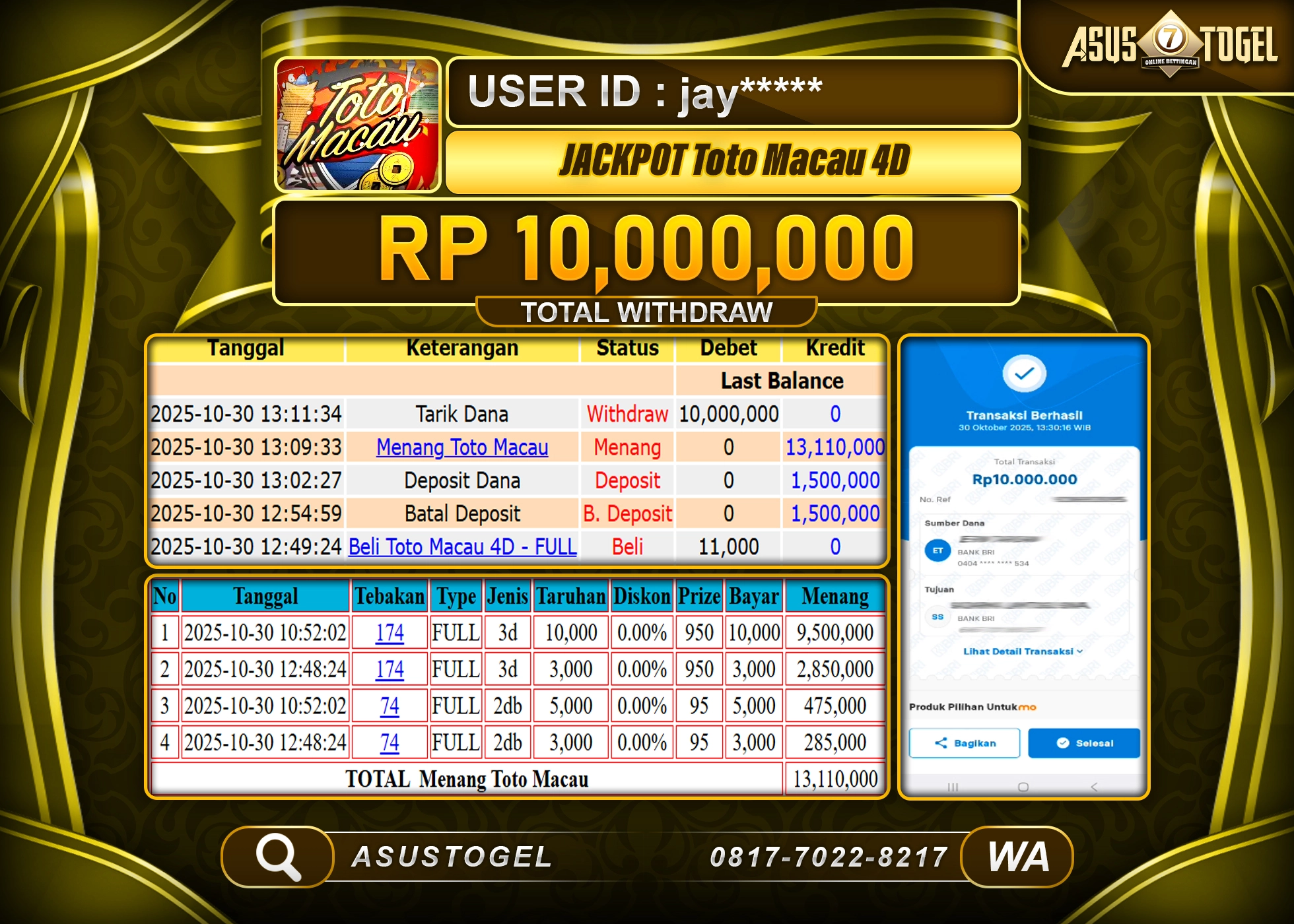 ASUSTOGEL KEMENANGAN DI TOGEL TOTO MACAU 4D SEBESAR 10,000,000- RUPIAH LUNAS