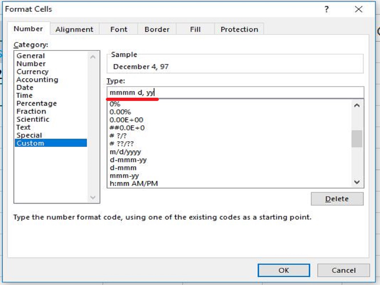 Screenshot of the excel customize date format