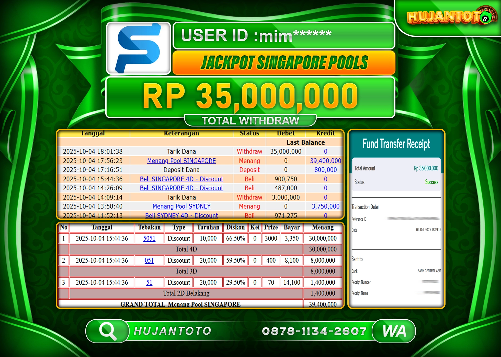 HUJANTOTO - BUKTI JACKPOT MENANG TOGEL SINGAPORE POOLS Rp.35,000,000 - TERBAYAR LUNAS