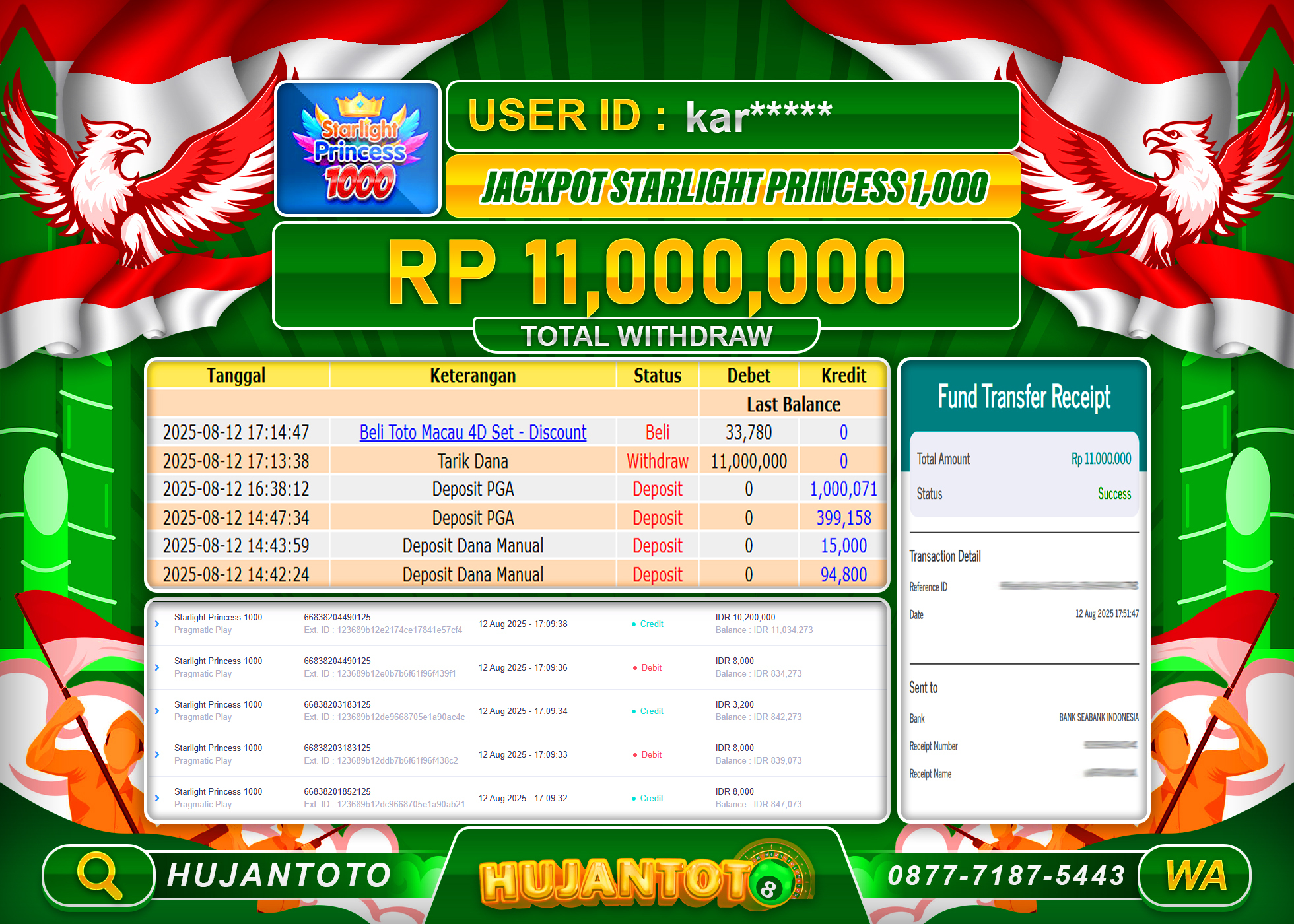 HUJANTOTO - BUKTI JACKPOT MENANG SLOT STARLIGHT PRINCESS 1000 Rp.11,000,000 - TERBAYAR LUNAS