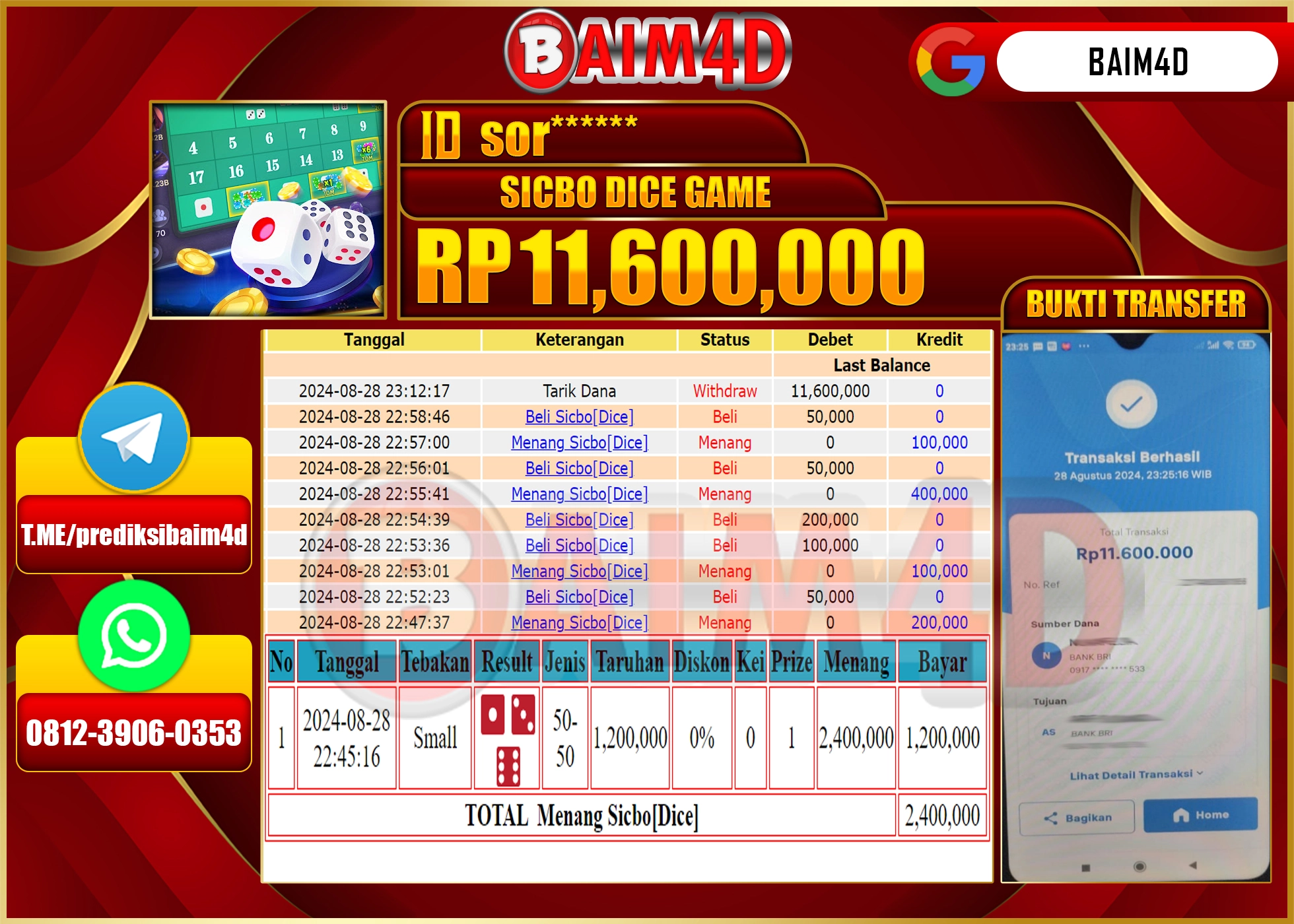 BAIM4D JACKPOT MENANG SICBO DICE GAME Rp.11.600,000.- LUNAS