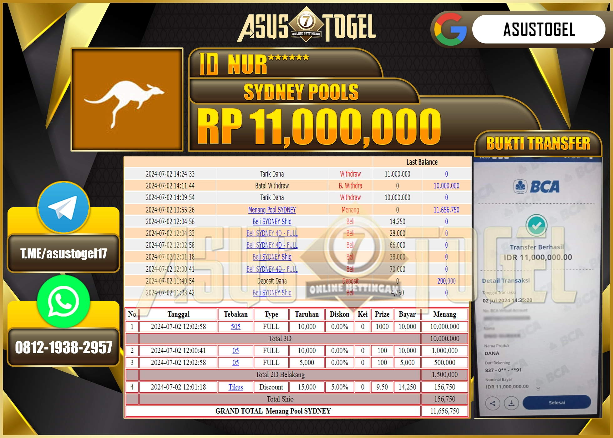 ASUSTOGEL KEMENANGAN  SYDNEY POOLS SEBESAR 11,000,000-LUNAS