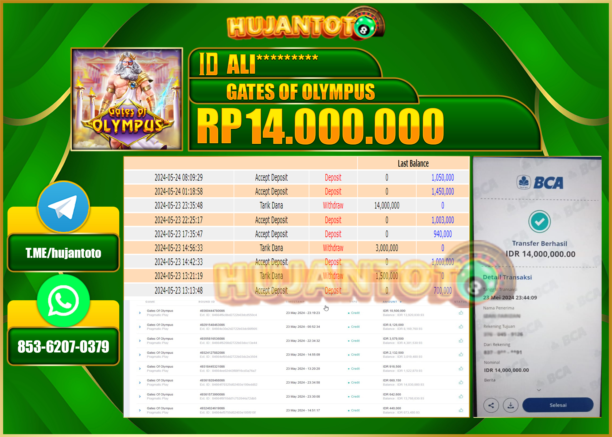 HUJANTOTO MENANG GATES OF OLYMPUS PRAGMATIC 14,000,000 - LUNAS 