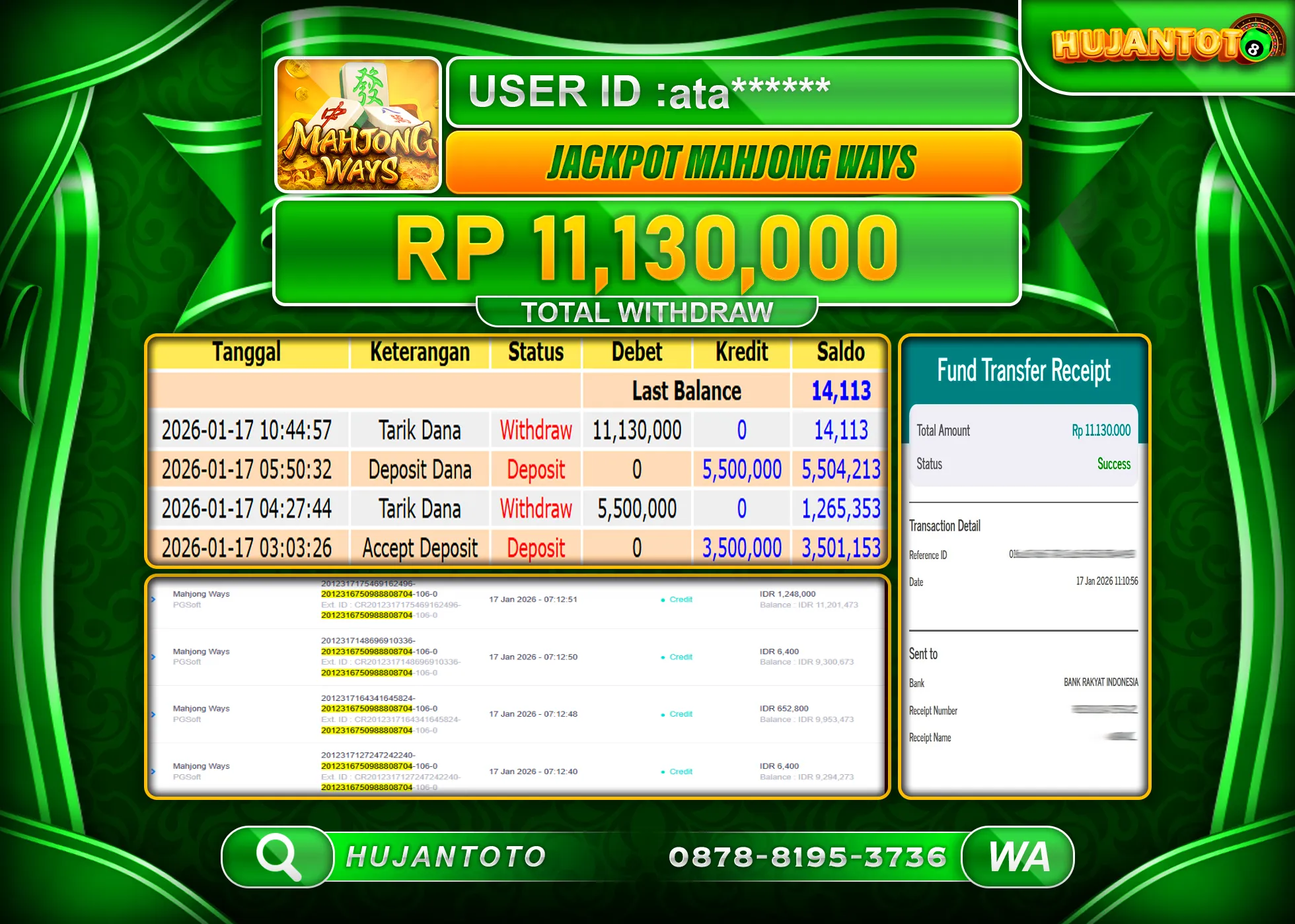 HUJANTOTO - BUKTI JACKPOT MENANG SLOT MAHJONG WAYS Rp.11,130,000 - TERBAYAR LUNAS