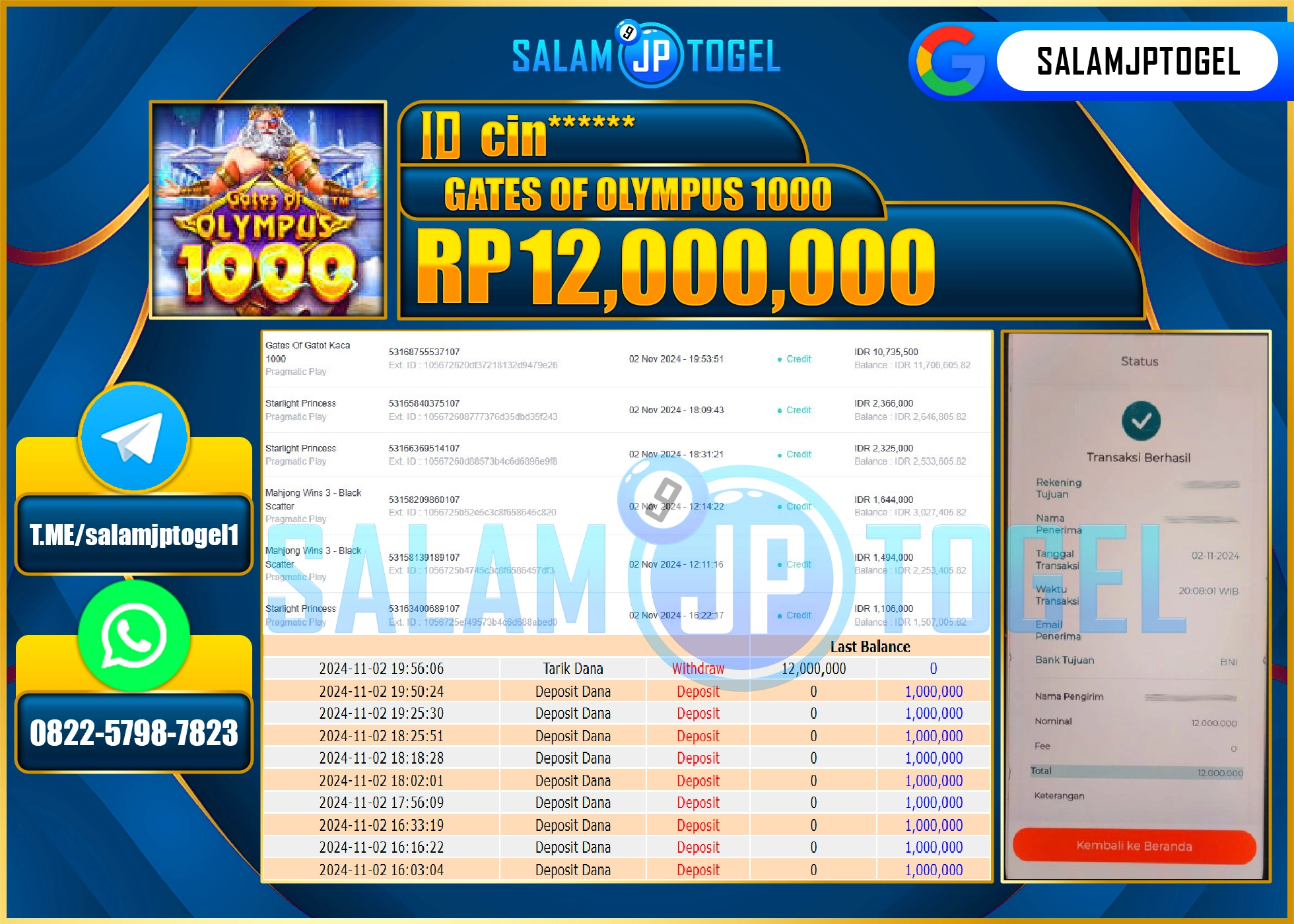 SALAMJPTOGEL MENANG GATES OF OLYMPUS 1000  RP. 12,000,000 LUNAS