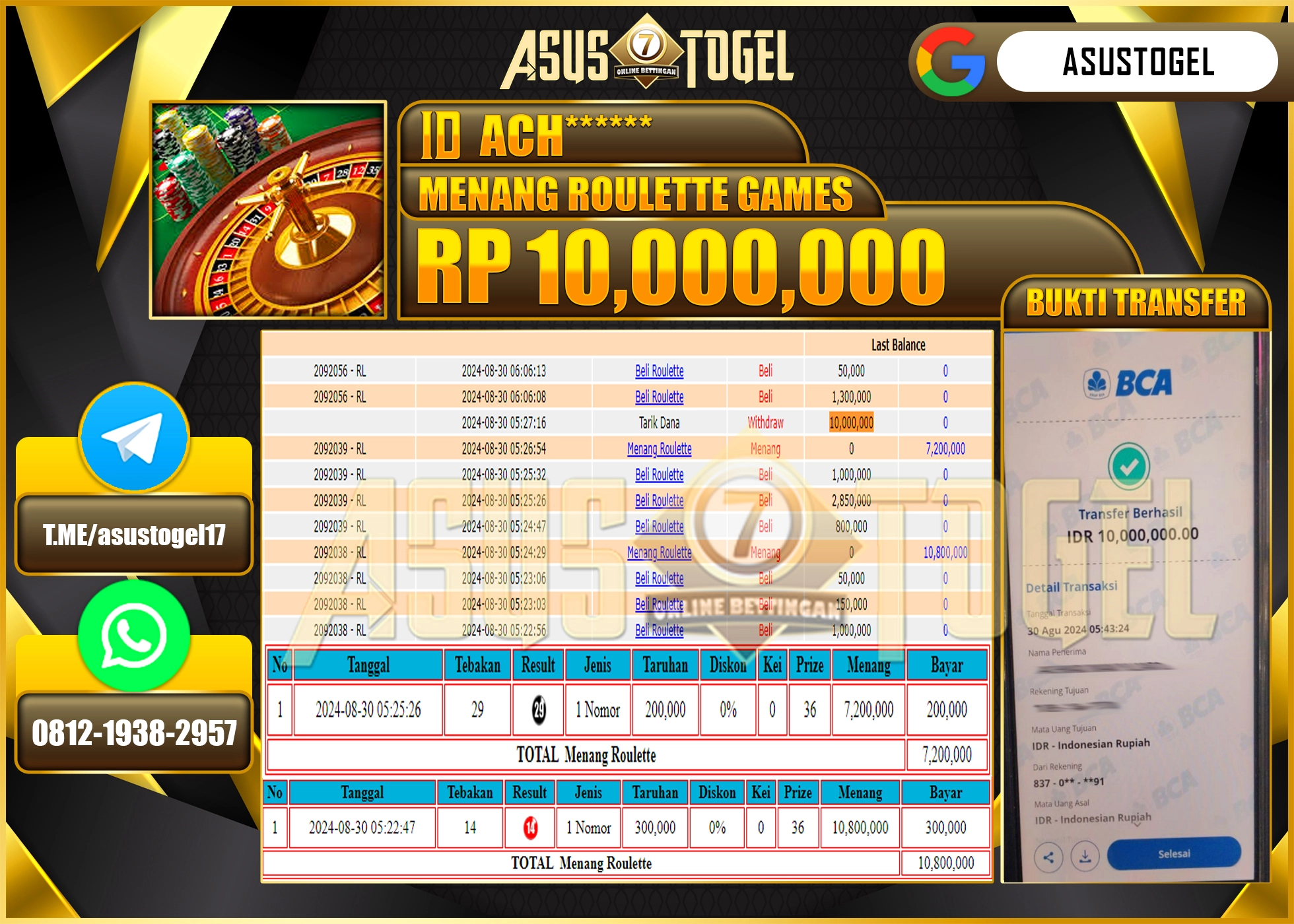 ASUSTOGEL KEMENANGAN DI ROULETTE  GAMES  GAMES SEBESAR  10,000,000- RUPIAH LUNAS
