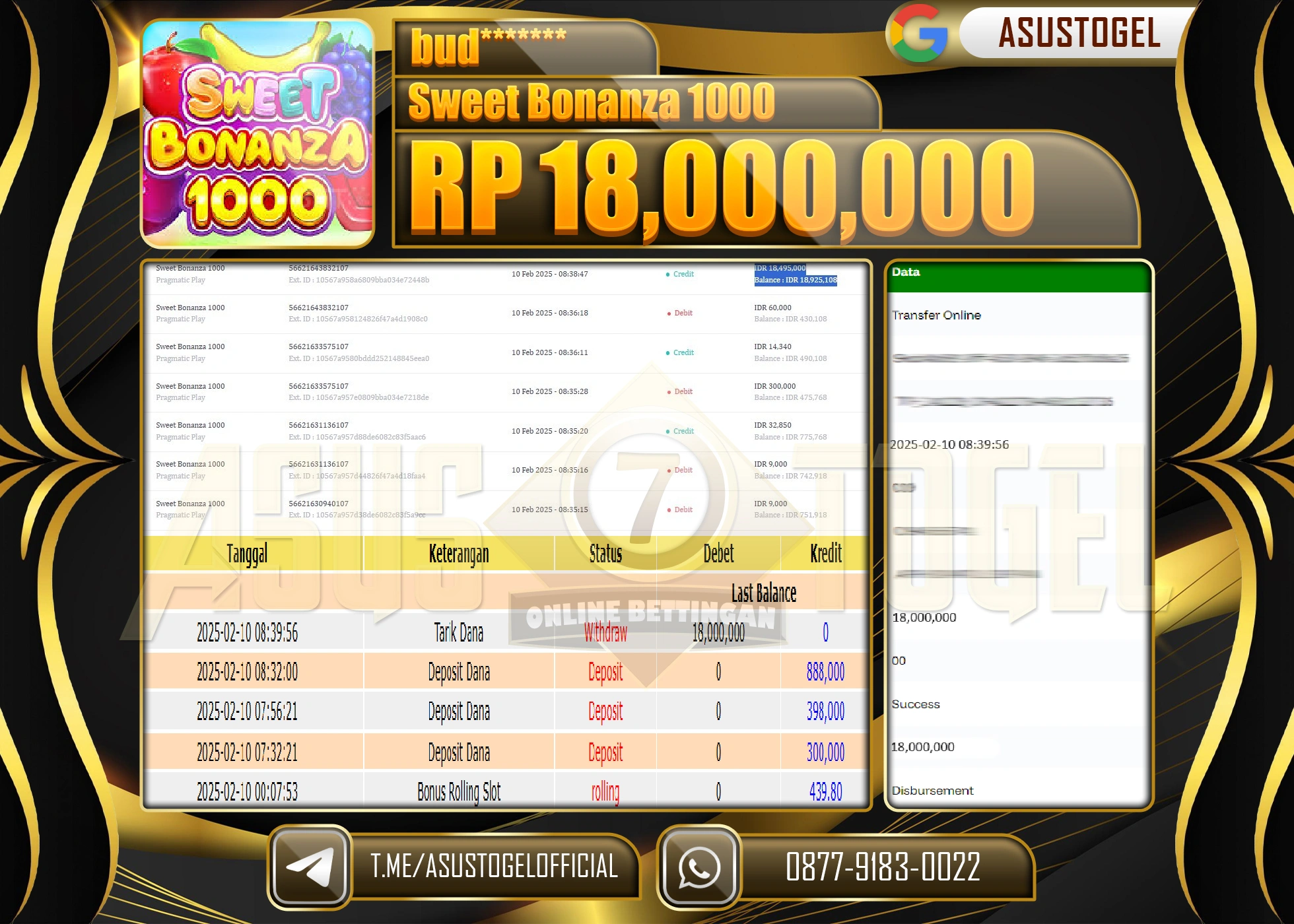 ASUSTOGEL KEMENANGAN DI SWEET BONANZA 1000 SEBESAR 18,000,000 - RUPIAH LUNAS