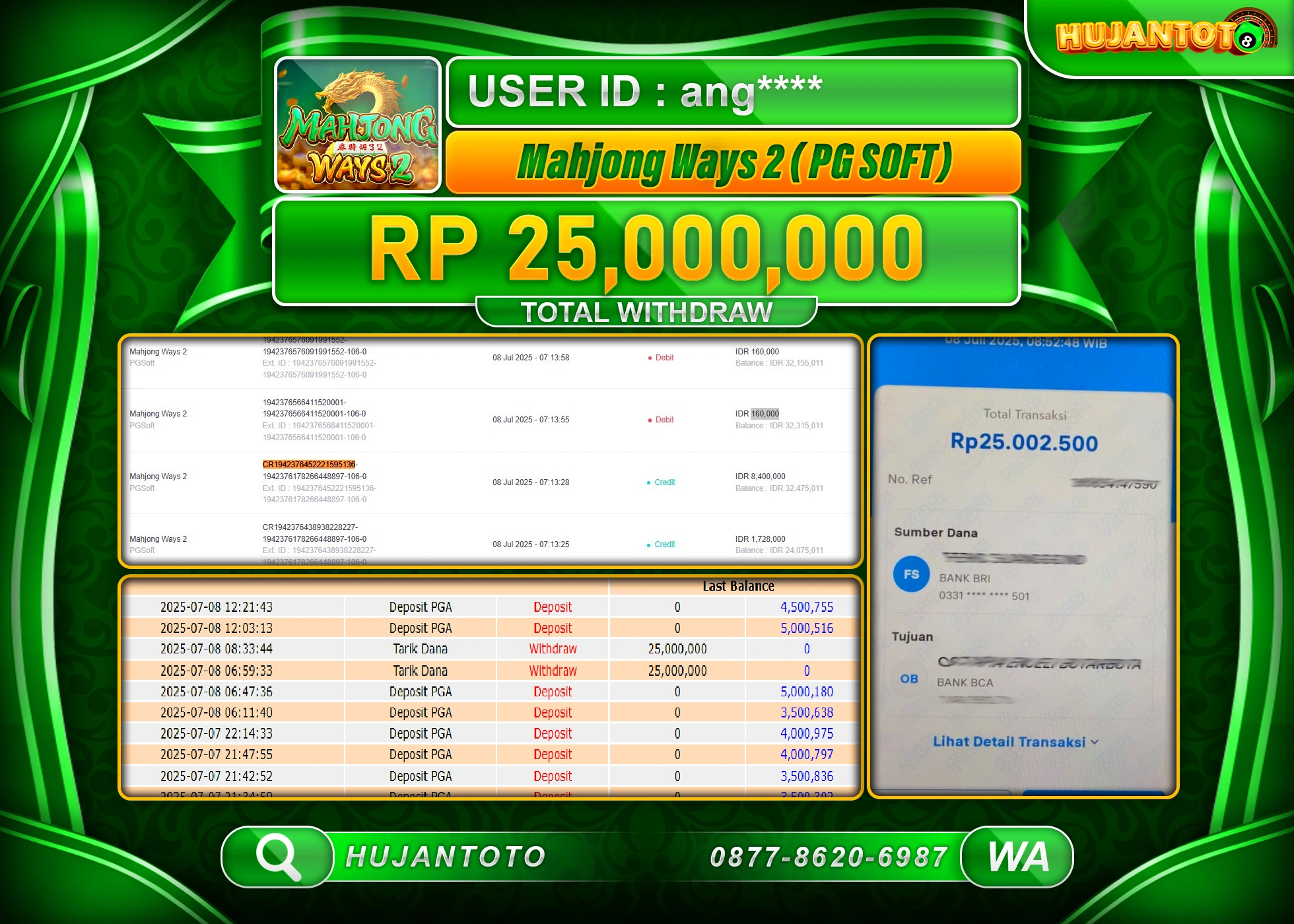 HUJANTOTO - BUKTI JACKPOT MENANG BESAR DI SLOT MAHJONG WAYS 2 Rp.25,000,000 - TERBAYAR LUNAS