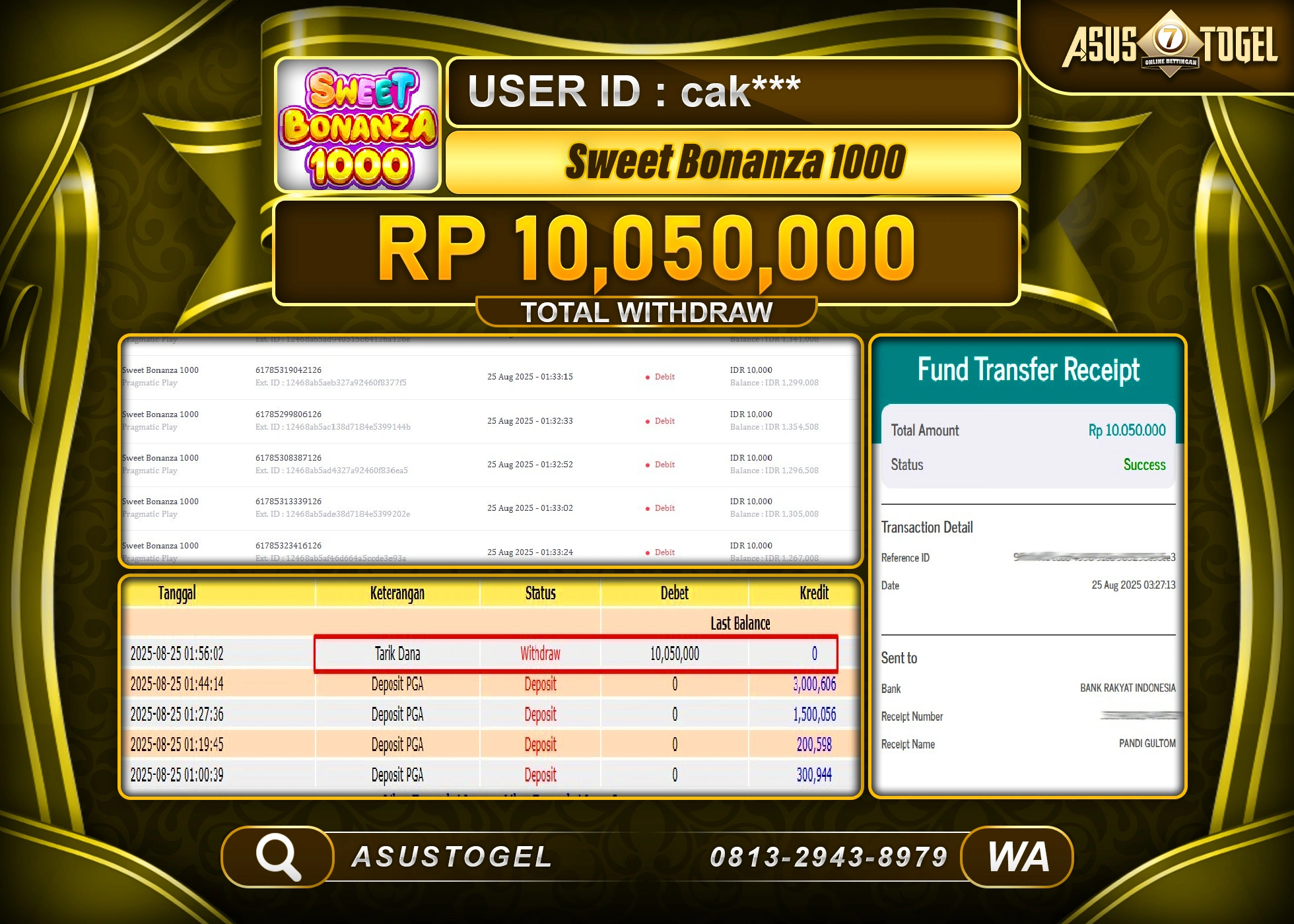ASUSTOGEL KEMENANGAN DI SLOT SWEET BONANZA 1000 SEBESAR 10,050,000- RUPIAH LUNAS