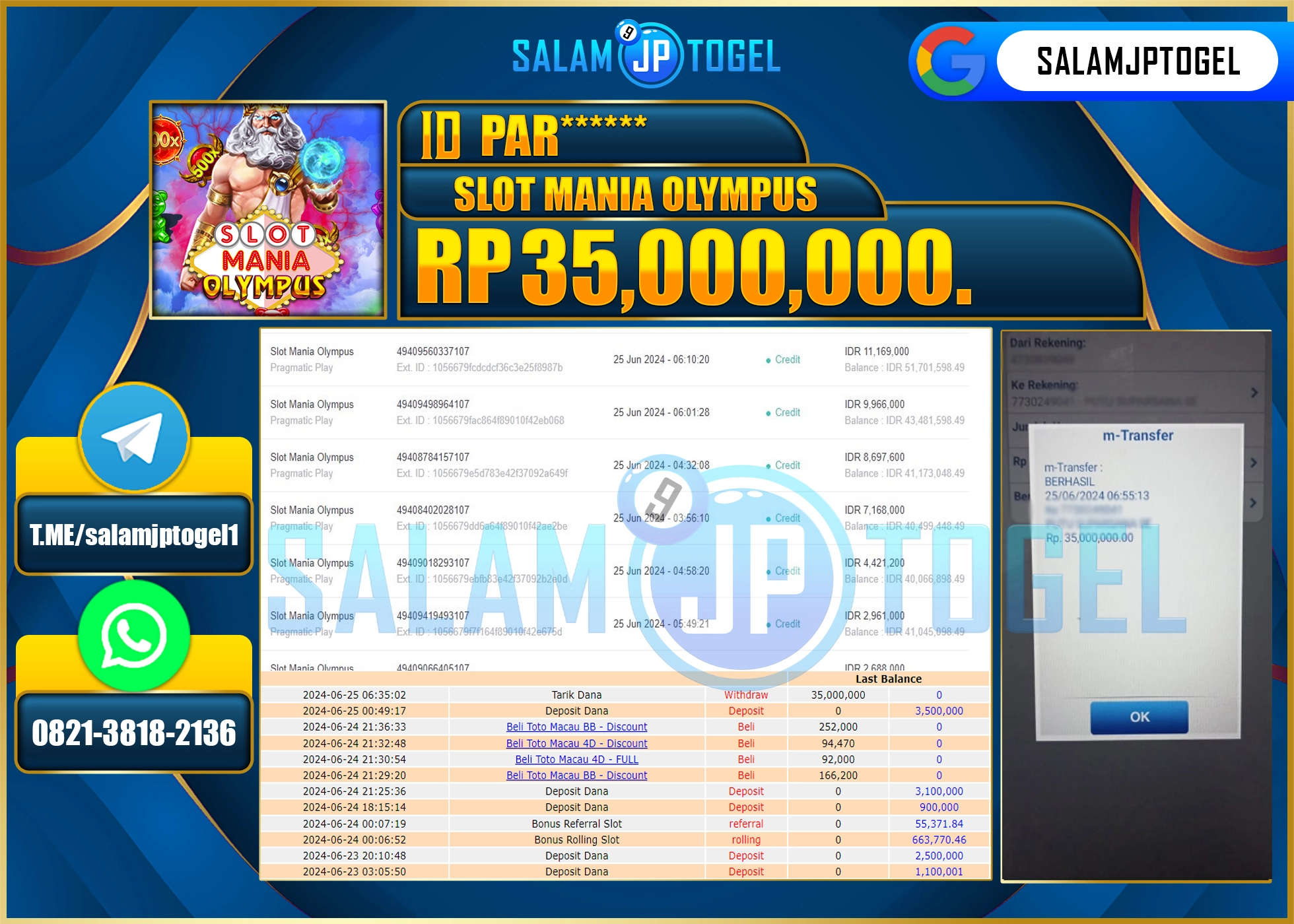 SALAMJPTOGEL MENANG SLOT MANIA OLYMPUS RP. 35,000,000.,LUNAS