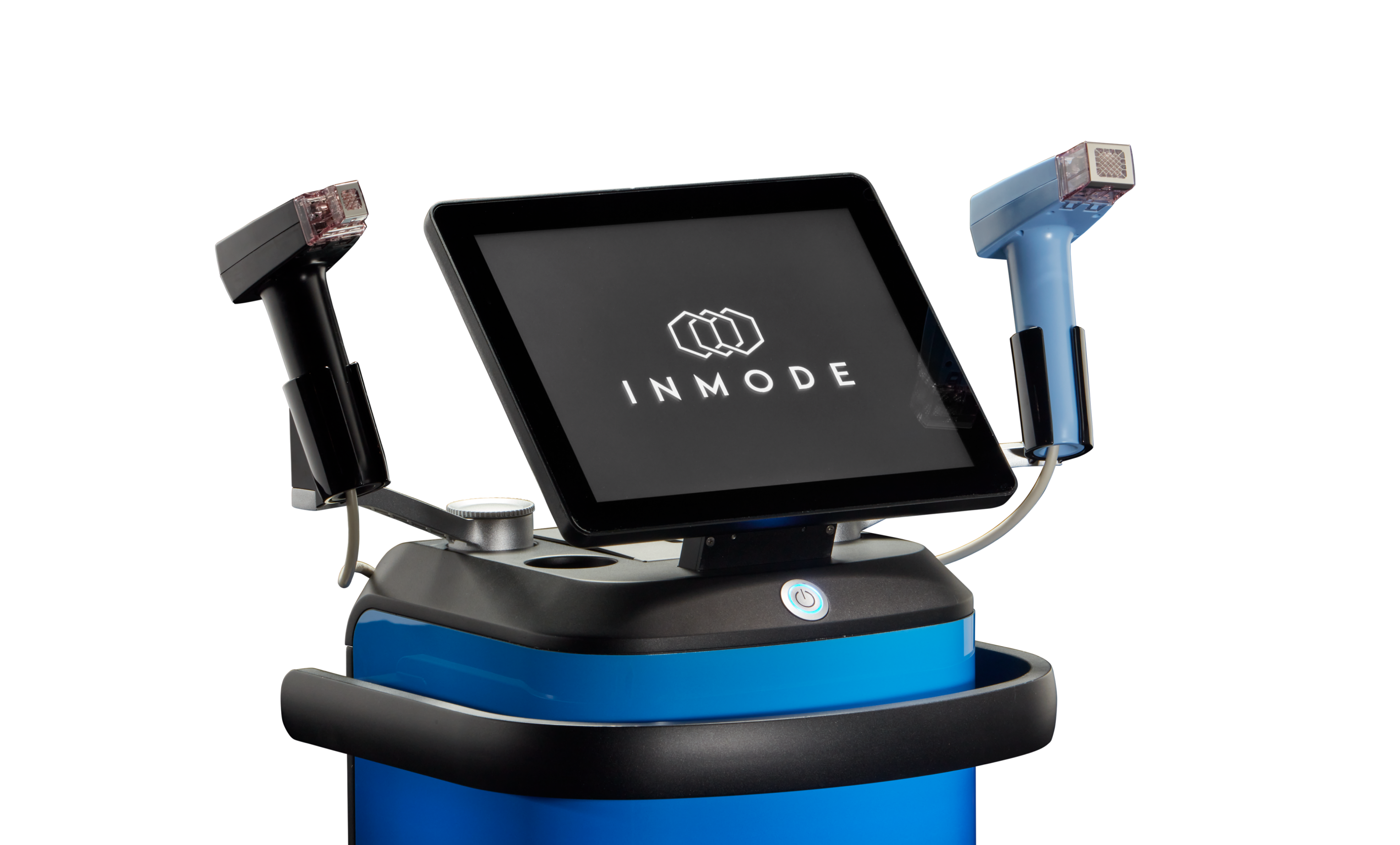 InMode aesthetics workstation with a touchscreen and dual handheld devices against a black background.