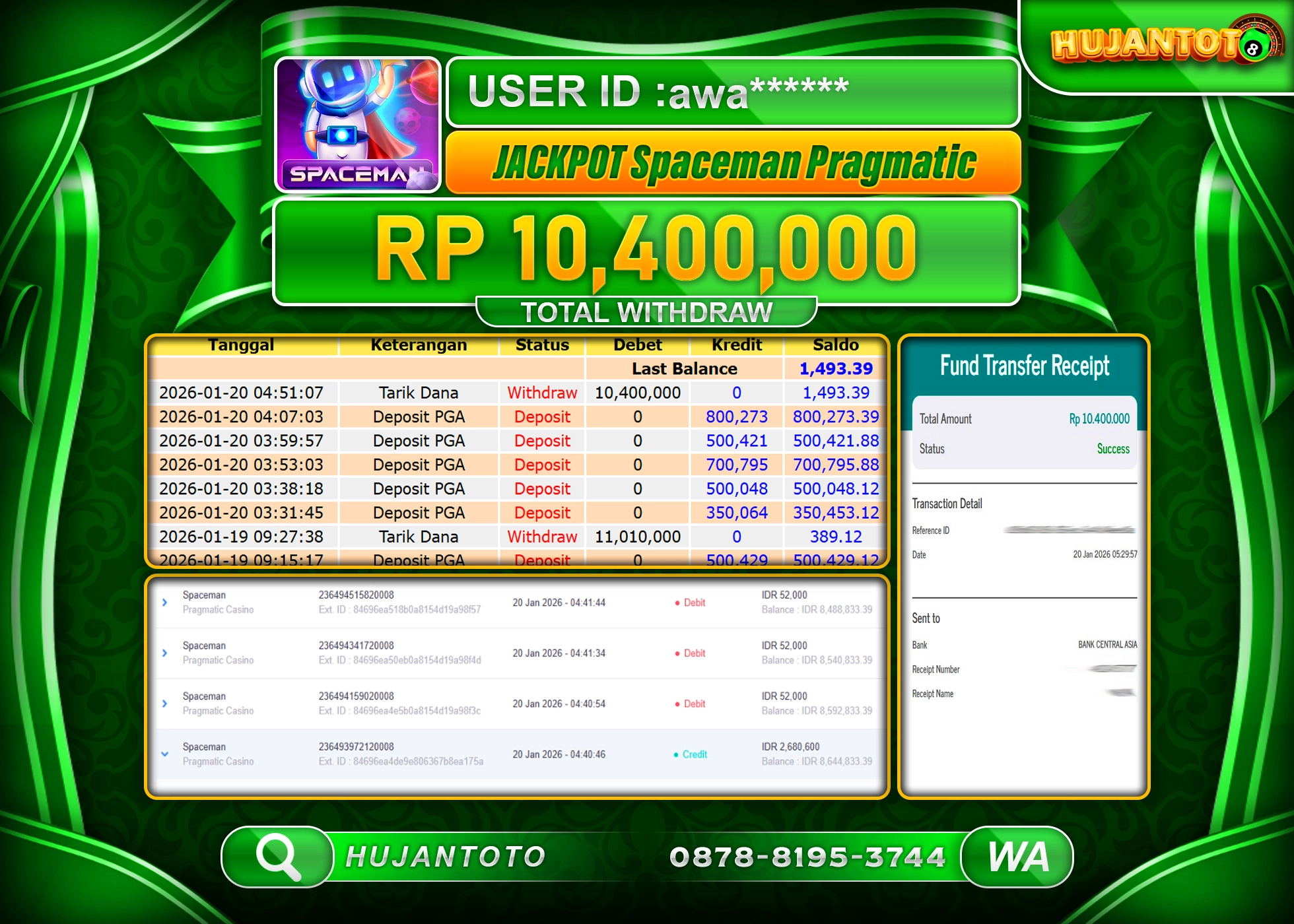 HUJANTOTO - BUKTI JACKPOT MENANG GAMES  SPACEMAN PRAGMATIC PLAY Rp.10,400,000 - TERBAYAR LUNAS