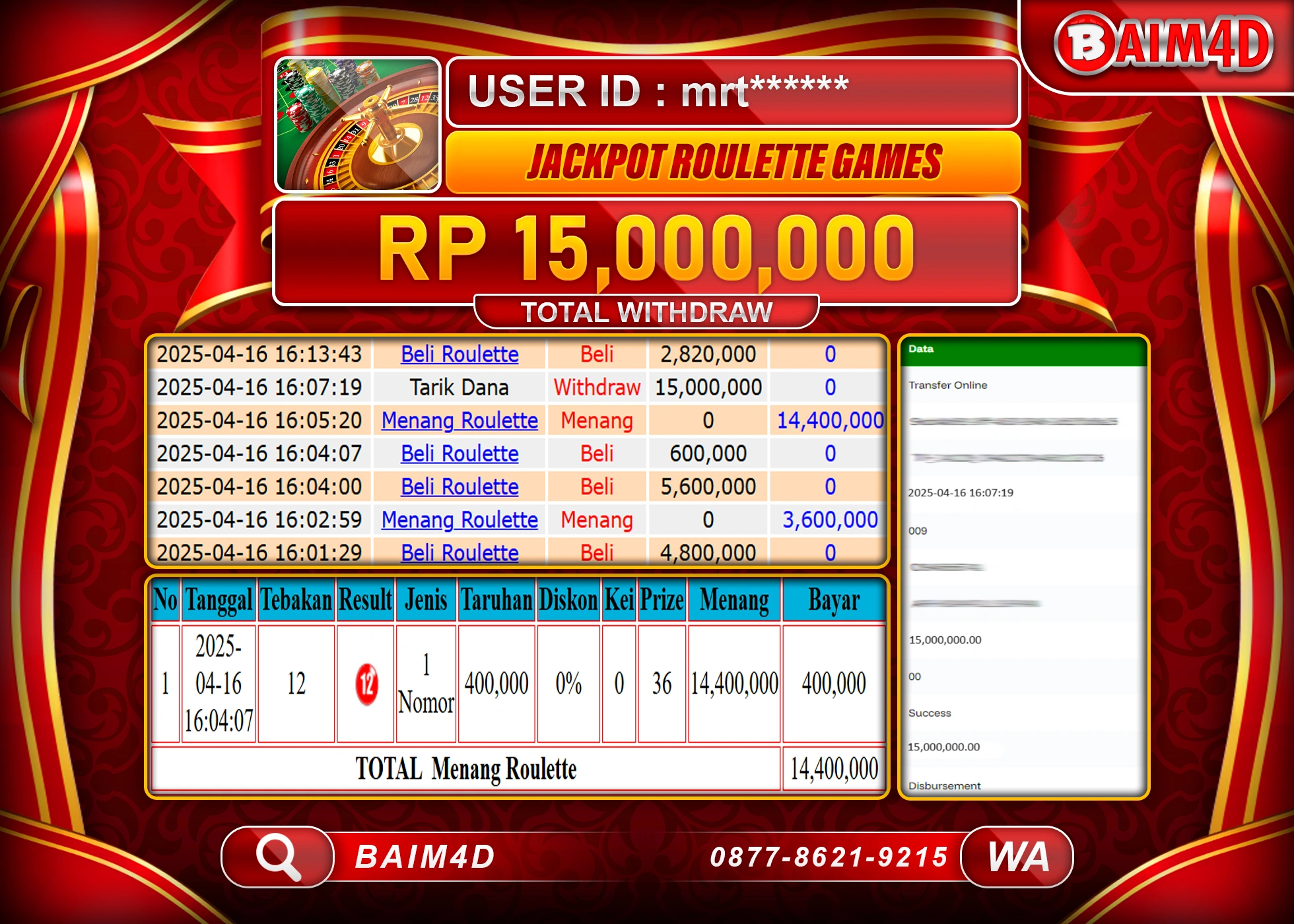 BAIM4D MENANG  JACKPOTS ROULLETE GAMES   Rp.15.000,000.- LUNAS