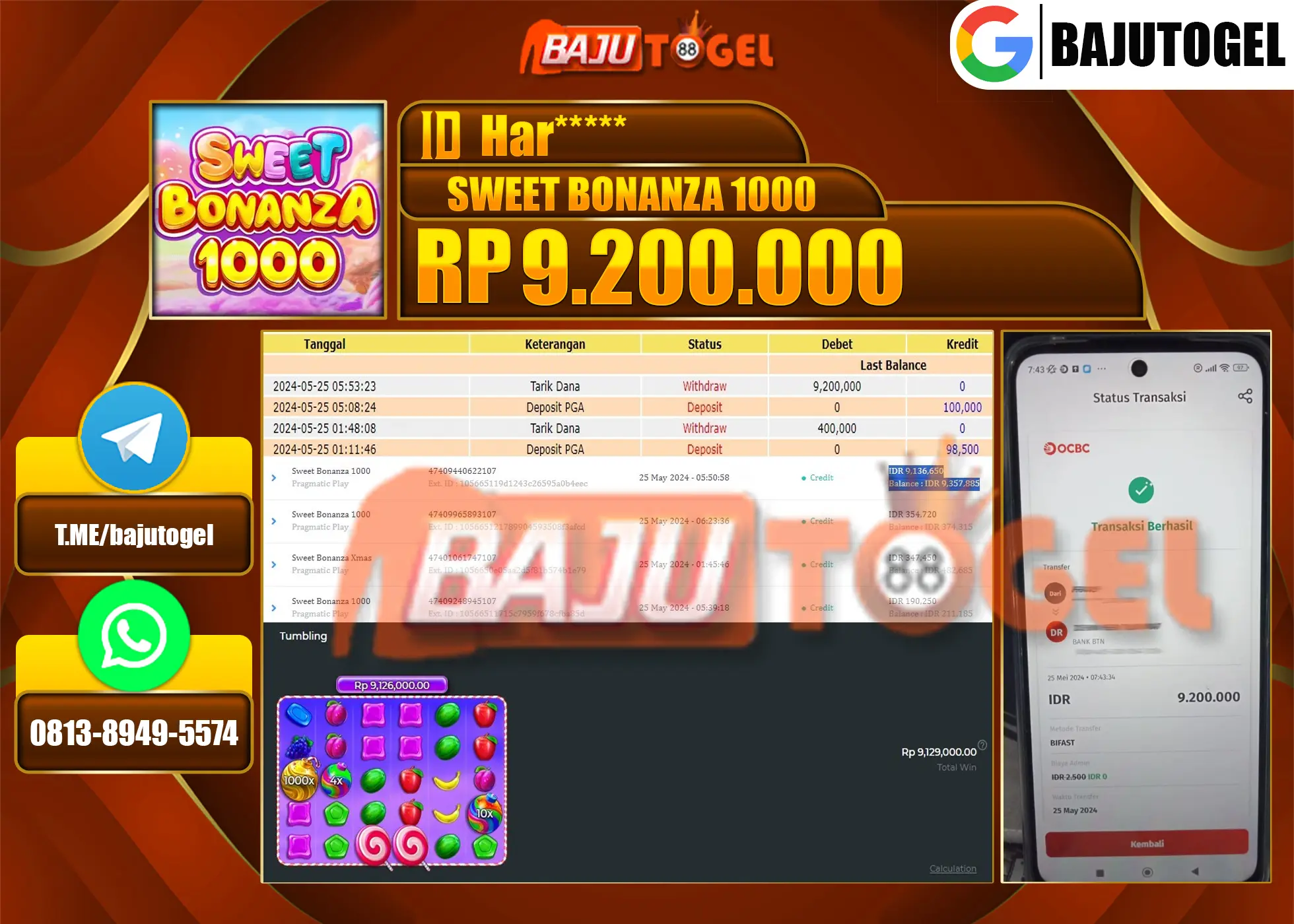 BAJUTOGEL JACKPOT SLOT SWEET BONANZA 1000  Rp.9.200.000 LUNAS