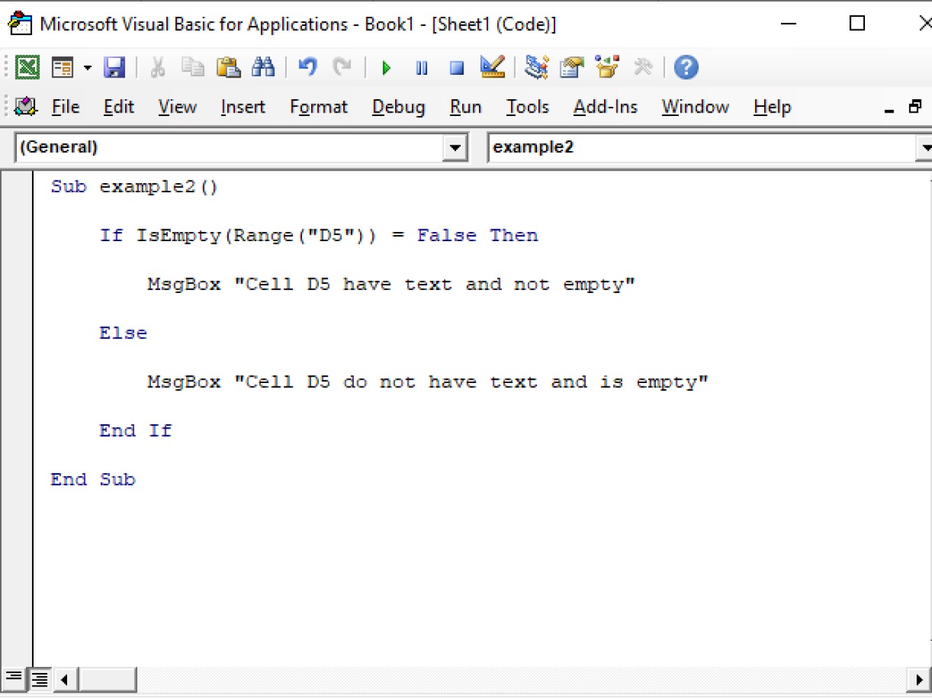 Screenshot of the code for customizing texts in the message box in IsEmpty function